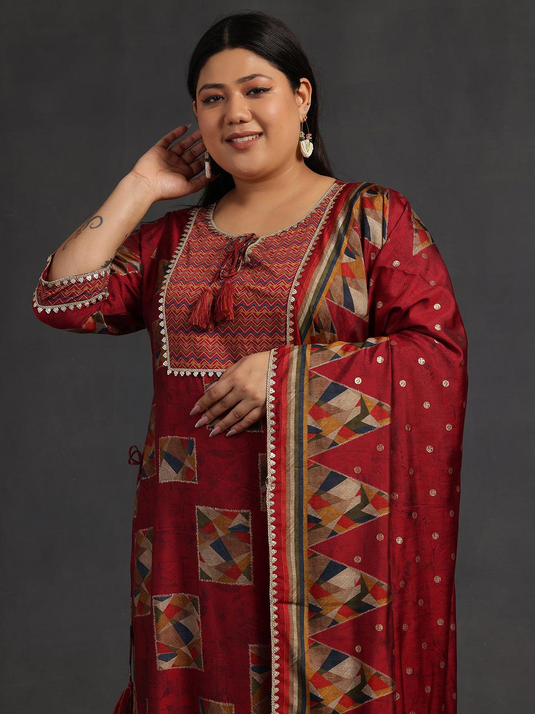 Plus Size Maroon Printed Silk Blend Straight Suit With Dupatta - Libas