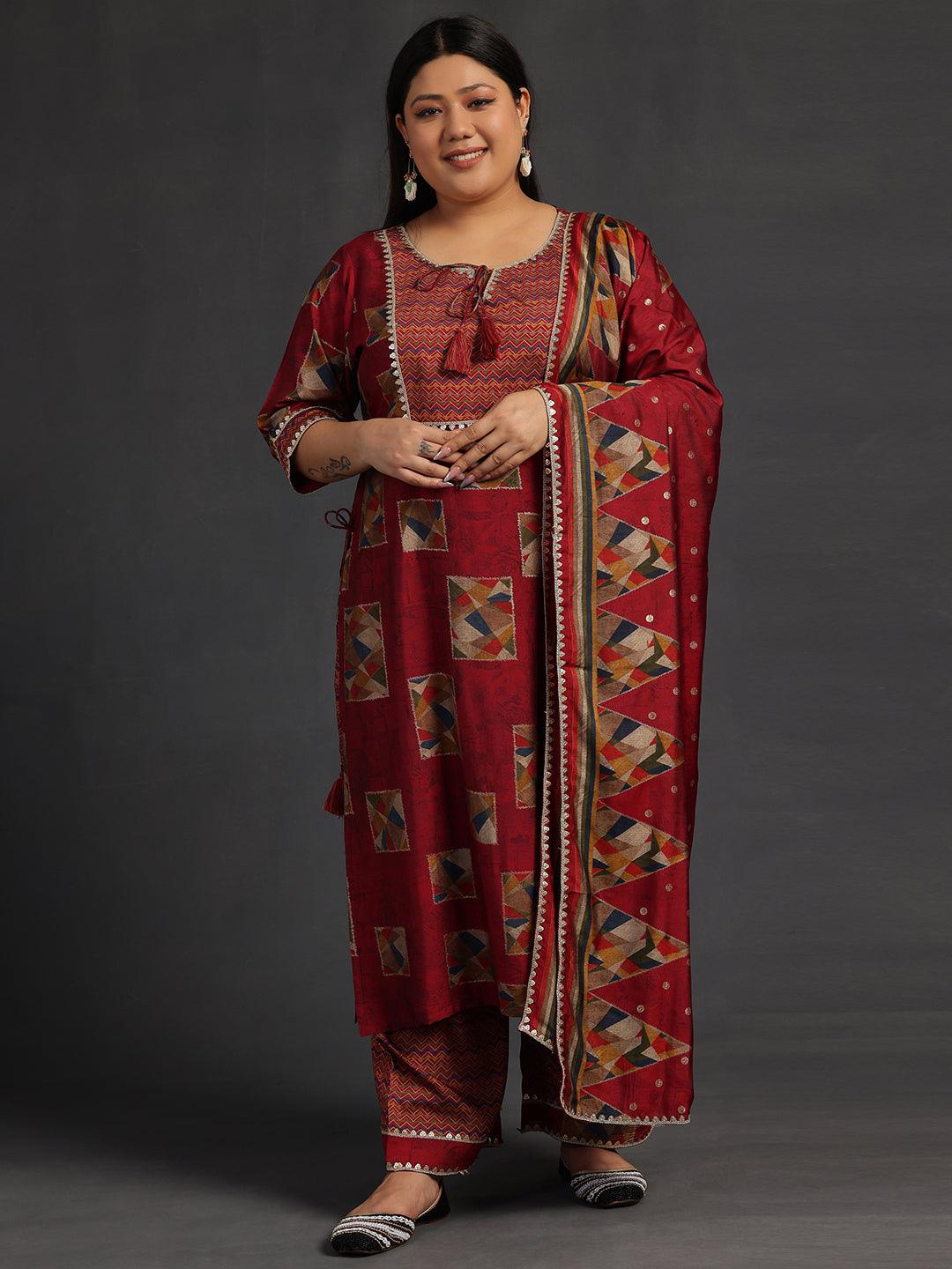 Plus Size Maroon Printed Silk Blend Straight Suit With Dupatta - Libas