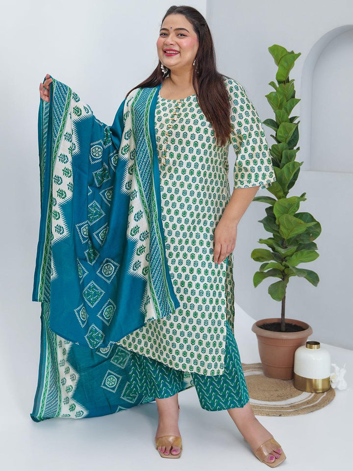 Plus Size Beige Printed Silk Blend Straight Suit With Dupatta - Libas