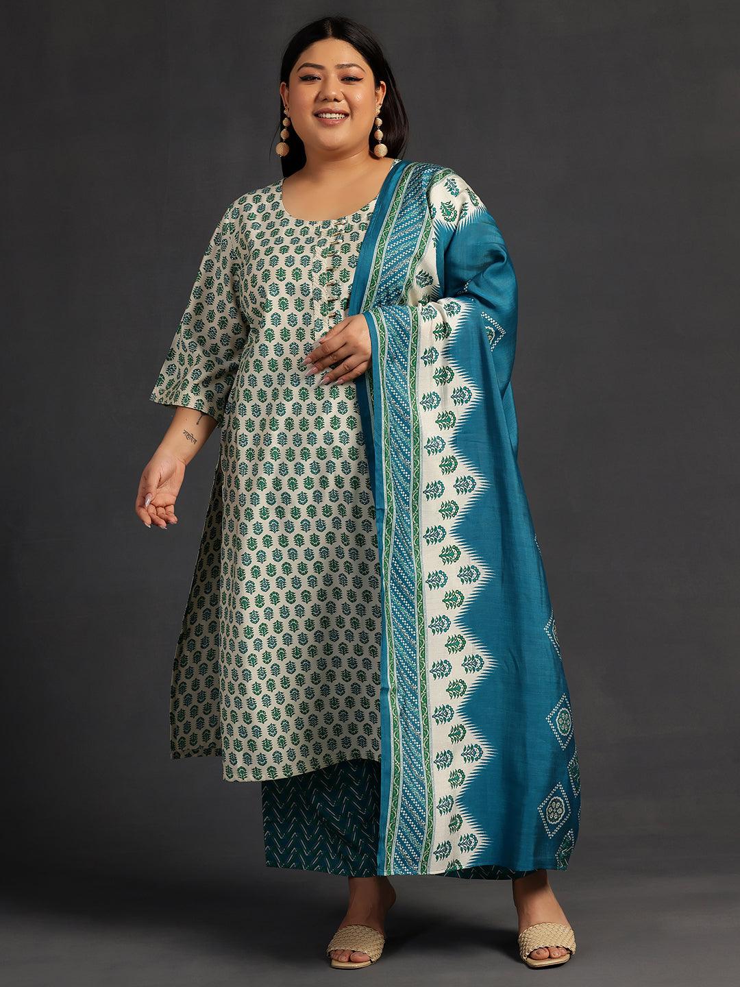 Plus Size Beige Printed Silk Blend Straight Suit With Dupatta - Libas