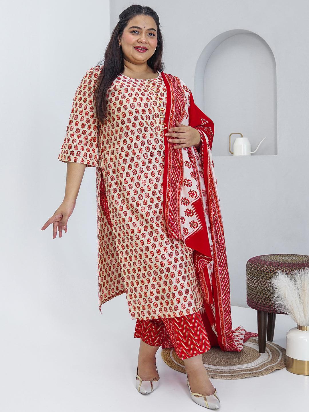 Plus Size Beige Printed Silk Blend Straight Suit With Dupatta - Libas 