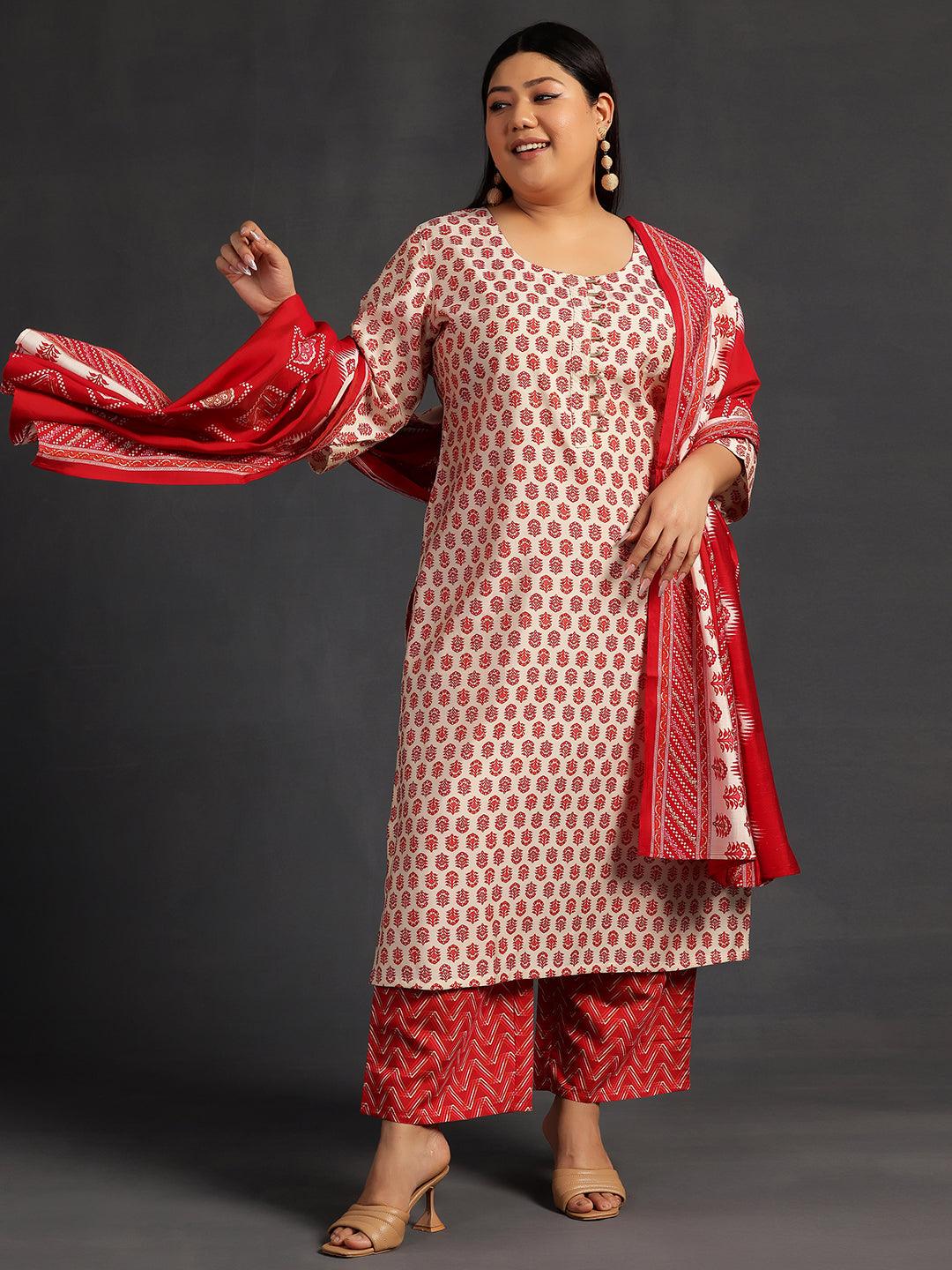 Plus Size Beige Printed Silk Blend Straight Suit With Dupatta - Libas 