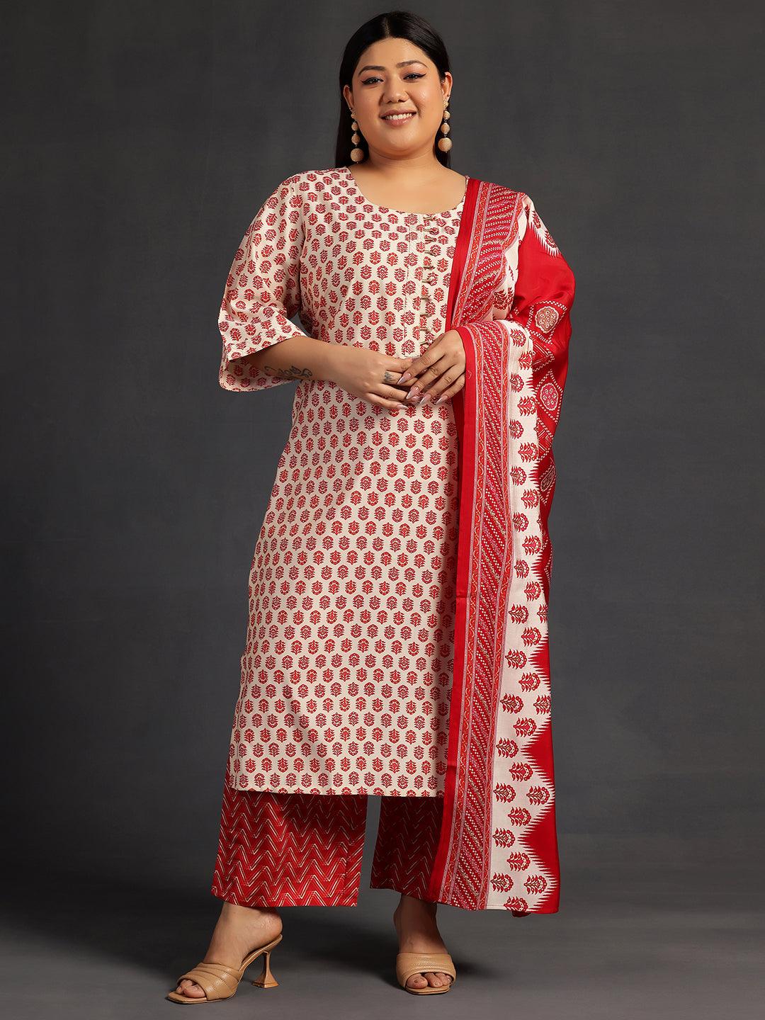 Plus Size Beige Printed Silk Blend Straight Suit With Dupatta - Libas 