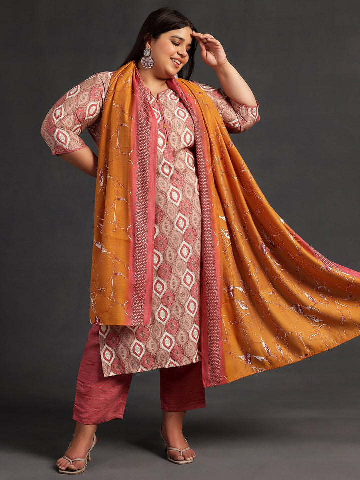 Plus Size Mauve Printed Silk Blend Straight Suit With Dupatta - Libas