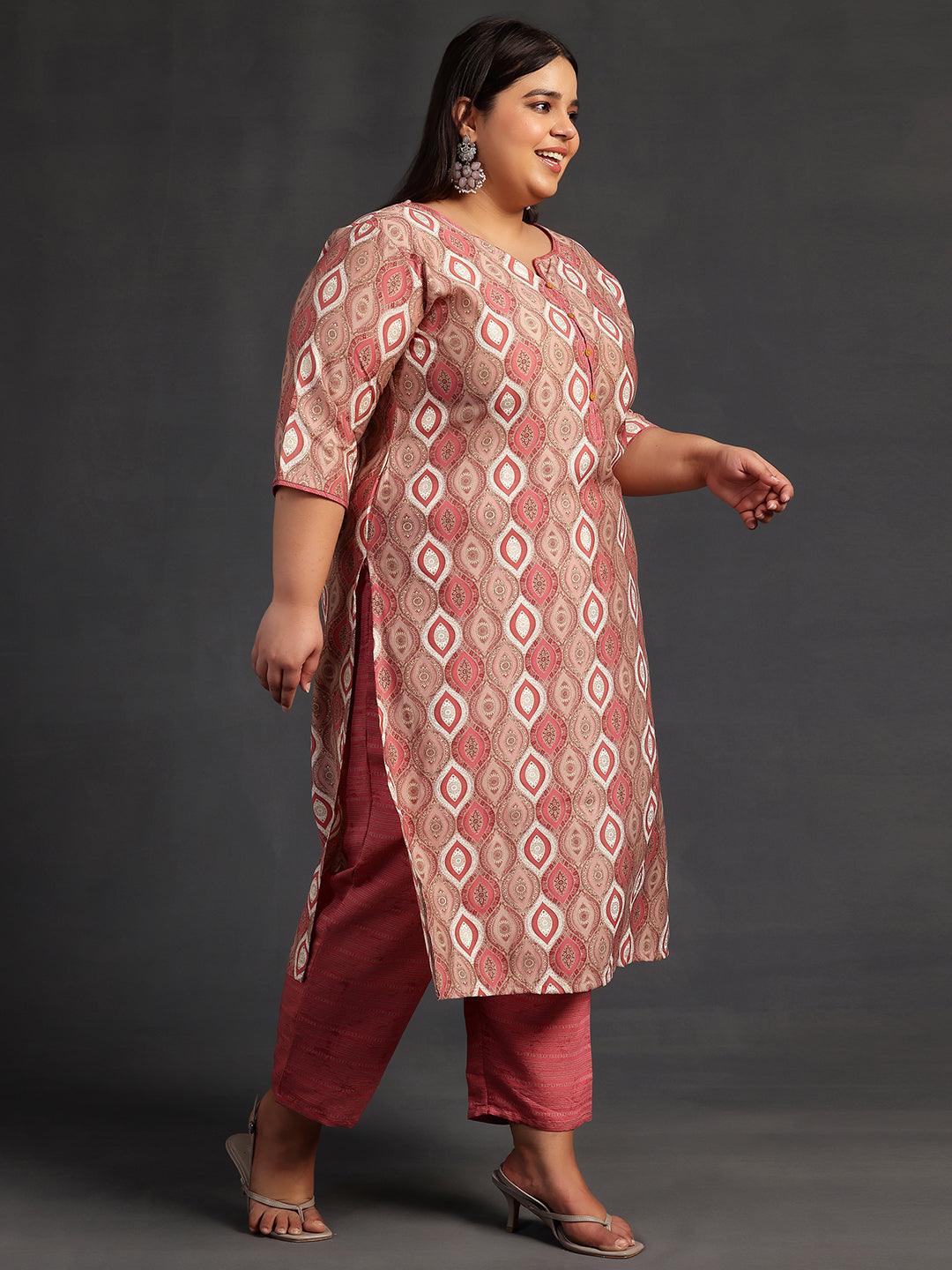 Plus Size Mauve Printed Silk Blend Straight Suit With Dupatta - Libas