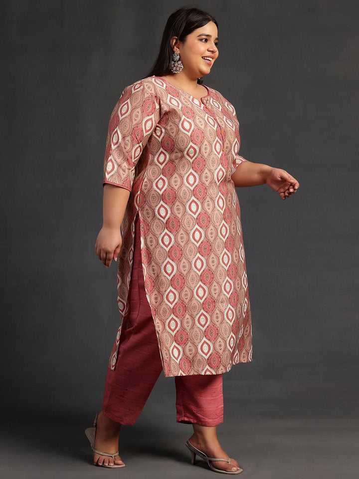 Plus Size Mauve Printed Silk Blend Straight Suit With Dupatta - Libas