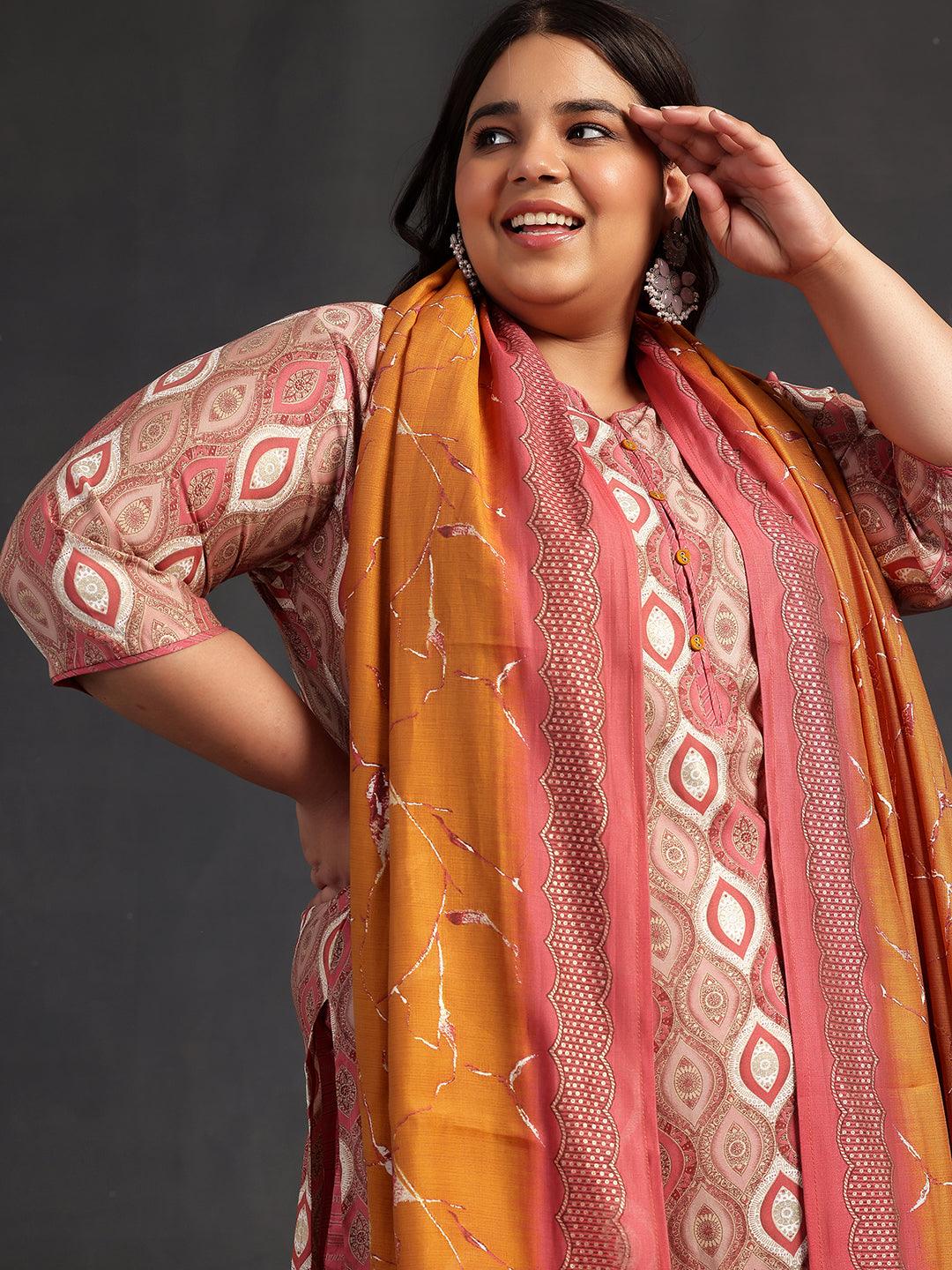 Plus Size Mauve Printed Silk Blend Straight Suit With Dupatta - Libas