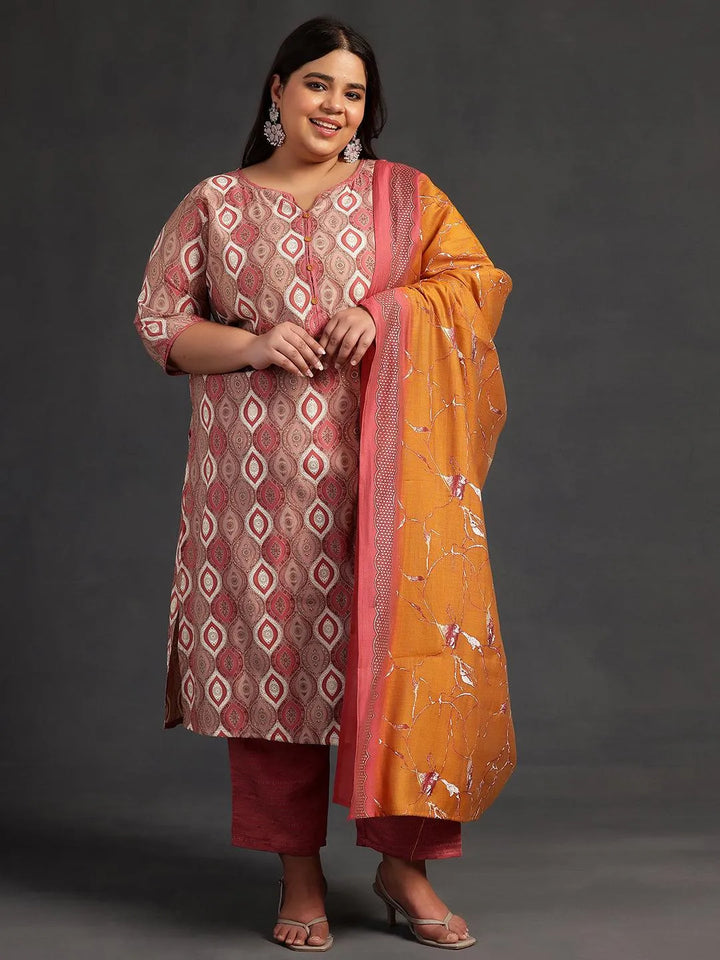 Plus Size Mauve Printed Silk Blend Straight Suit With Dupatta - Libas