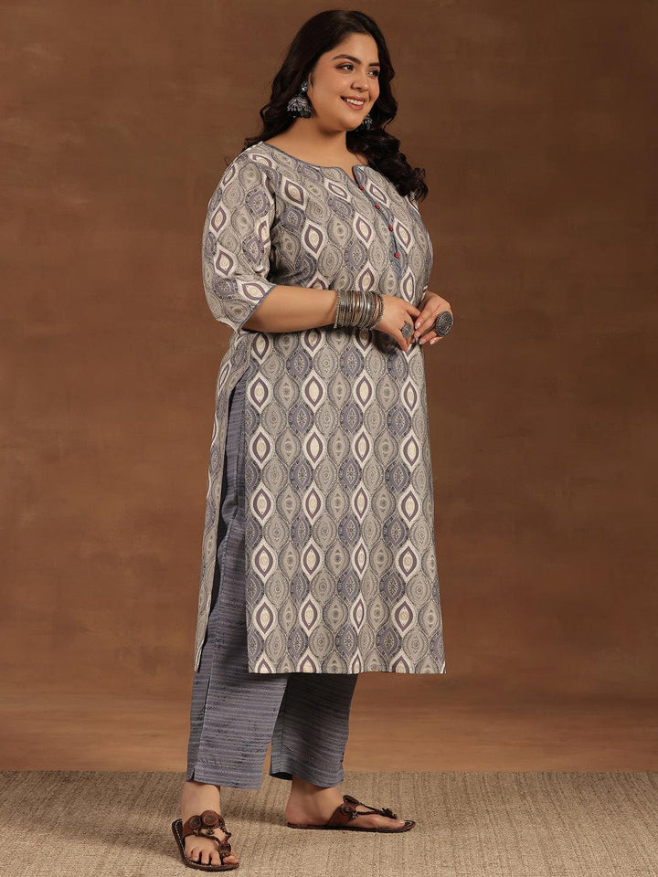 Plus Size Grey Printed Silk Blend Straight Suit With Dupatta - Libas