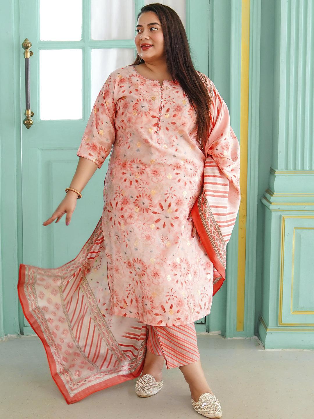 Plus Size Peach Printed Silk Blend Straight Suit With Dupatta - Libas 