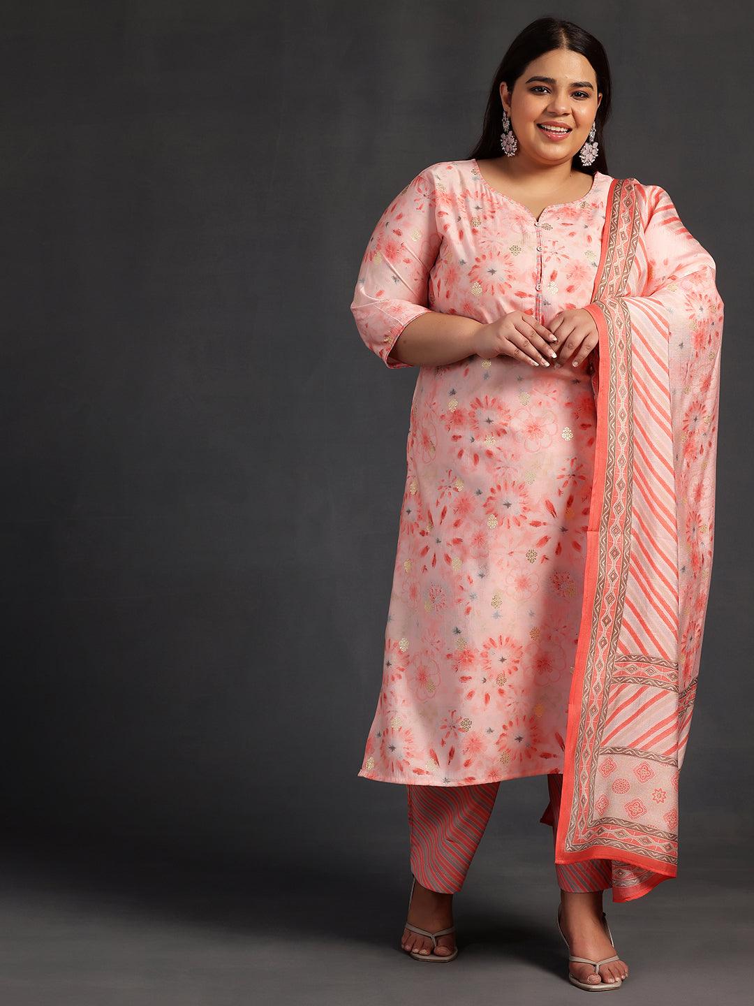 Plus Size Peach Printed Silk Blend Straight Suit With Dupatta - Libas 