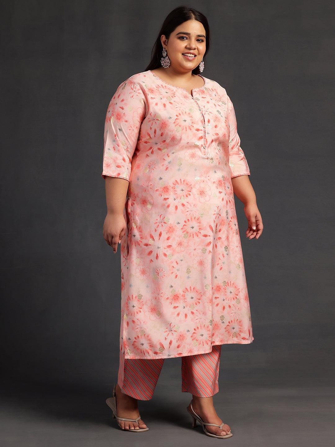 Plus Size Peach Printed Silk Blend Straight Suit With Dupatta - Libas 