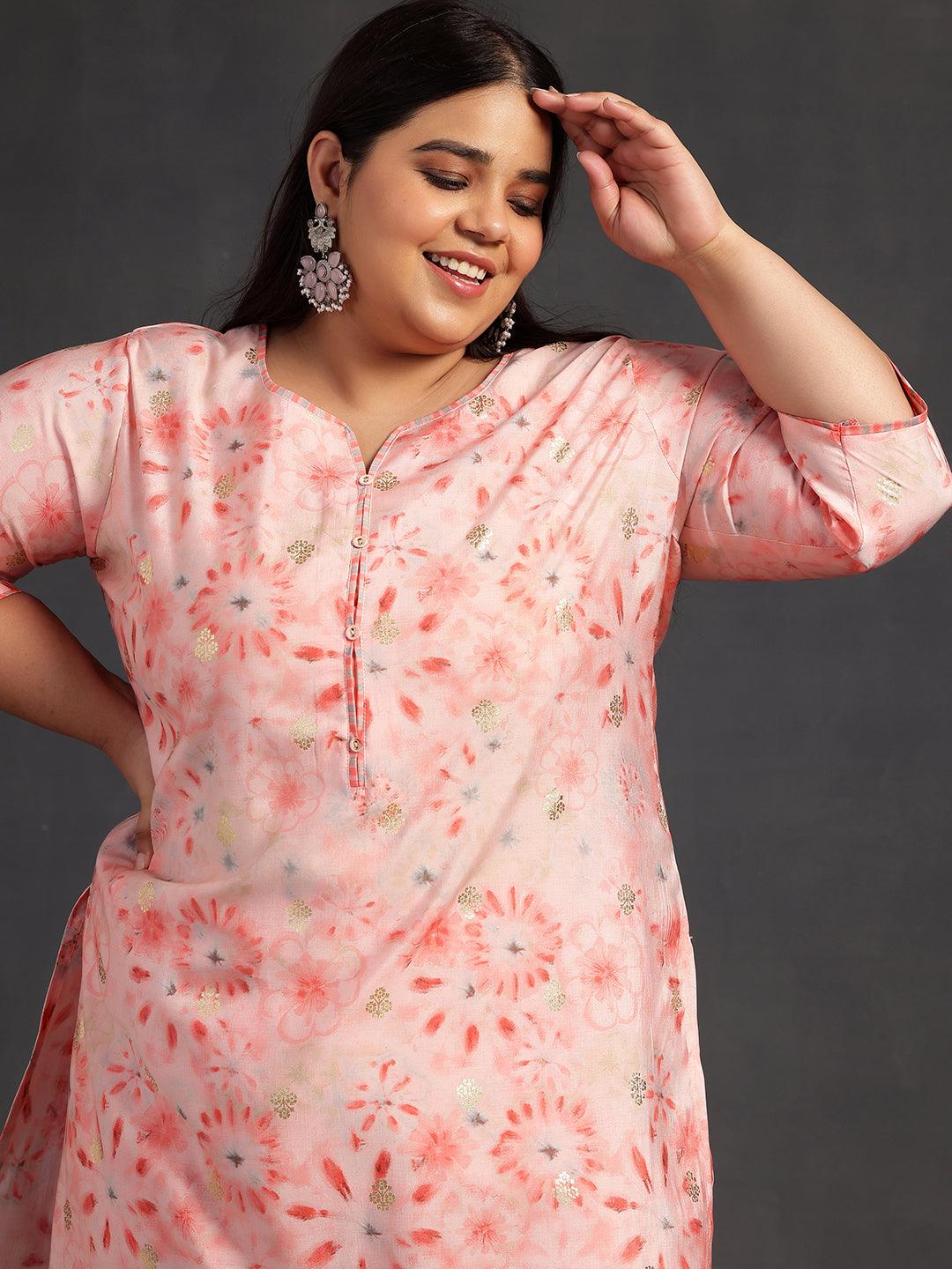 Plus Size Peach Printed Silk Blend Straight Suit With Dupatta - Libas 