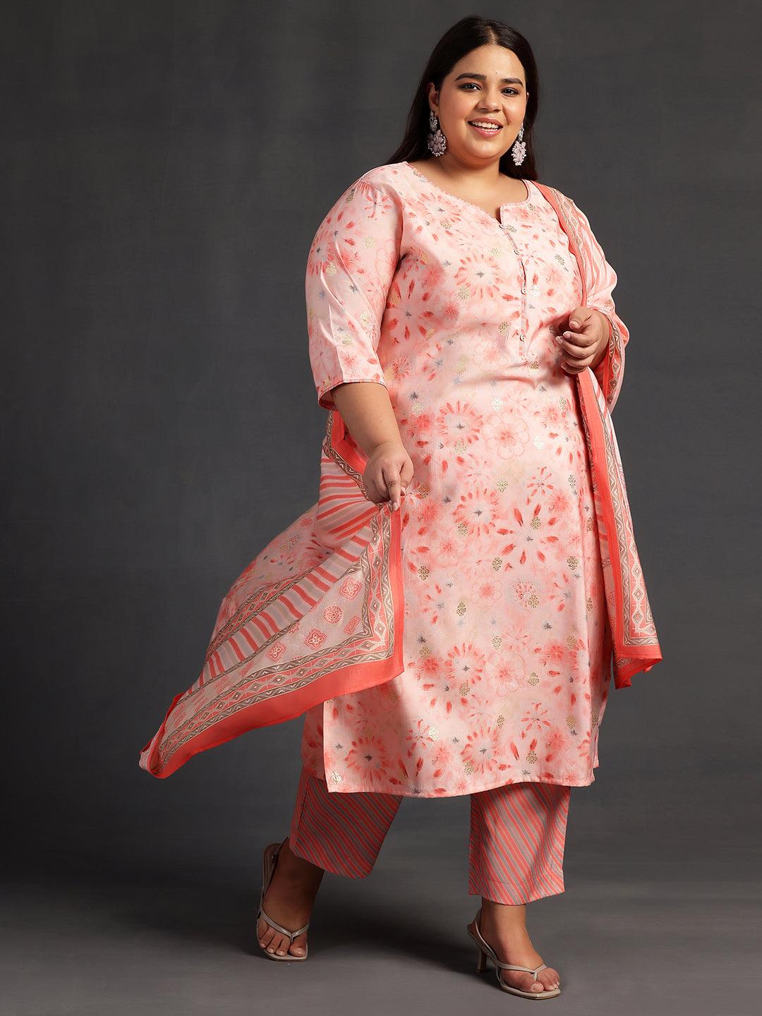 Plus Size Peach Printed Silk Blend Straight Suit With Dupatta - Libas 