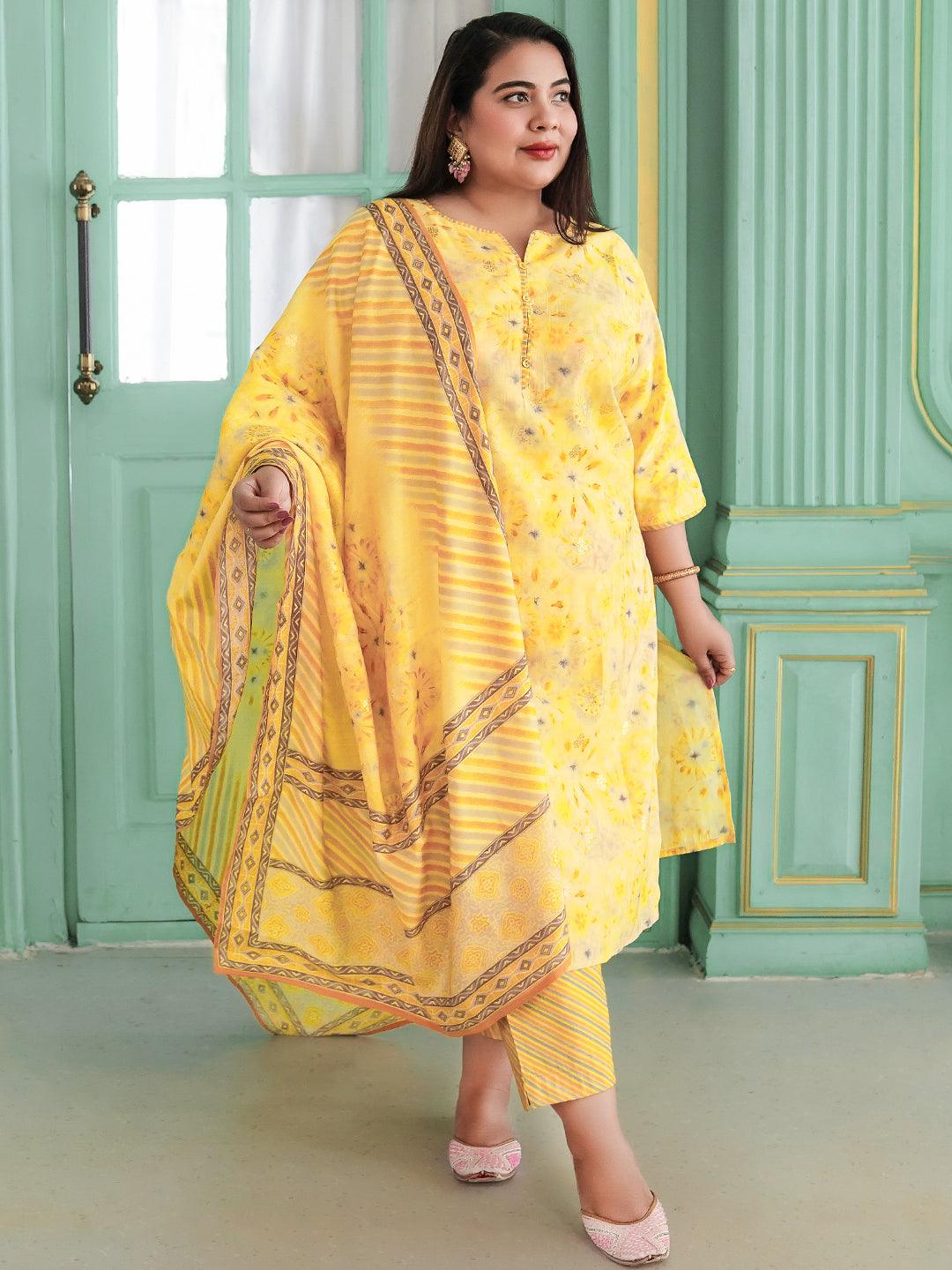 Plus Size Yellow Printed Silk Blend Straight Suit With Dupatta - Libas 