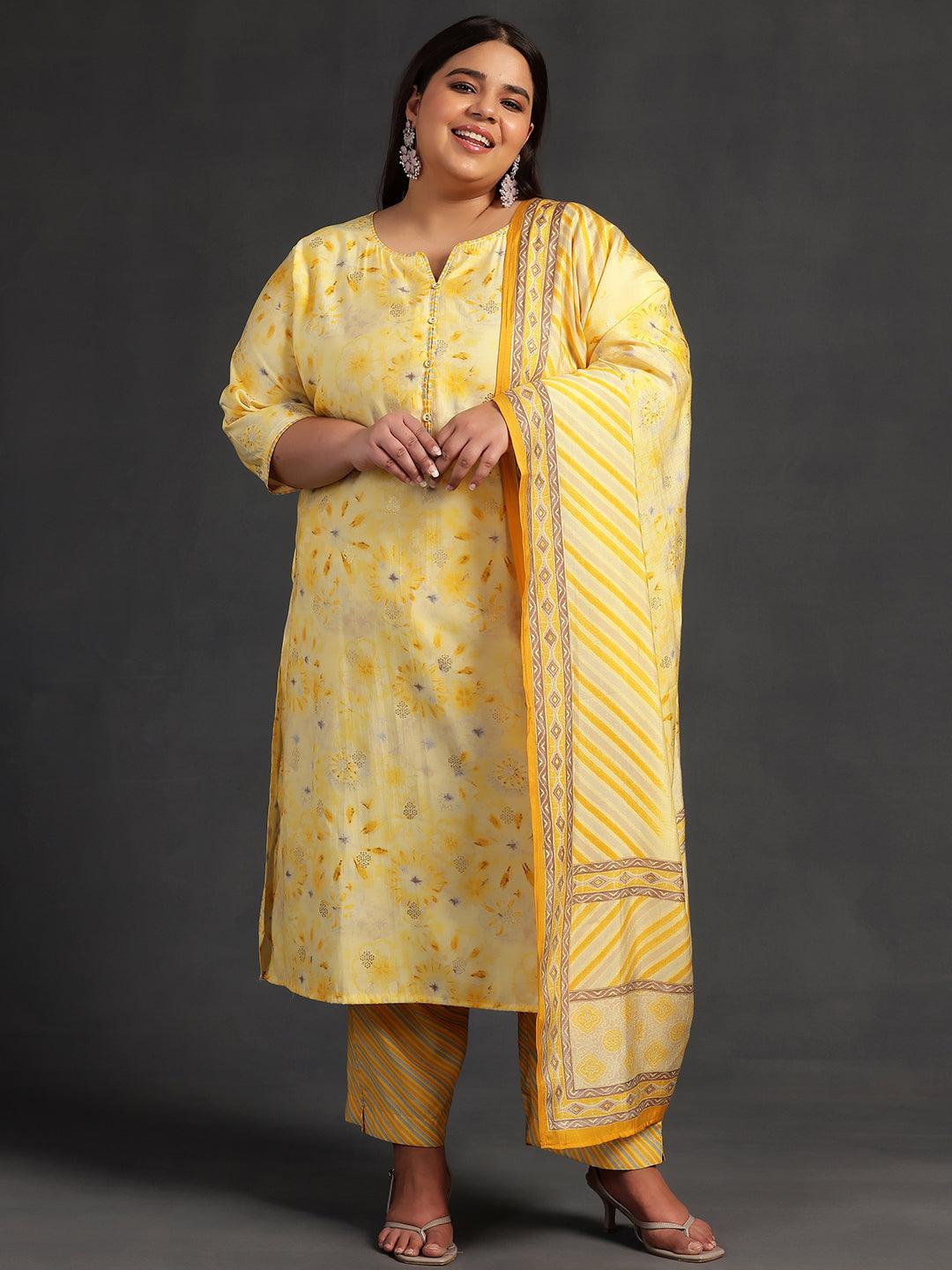 Plus Size Yellow Printed Silk Blend Straight Suit With Dupatta - Libas 