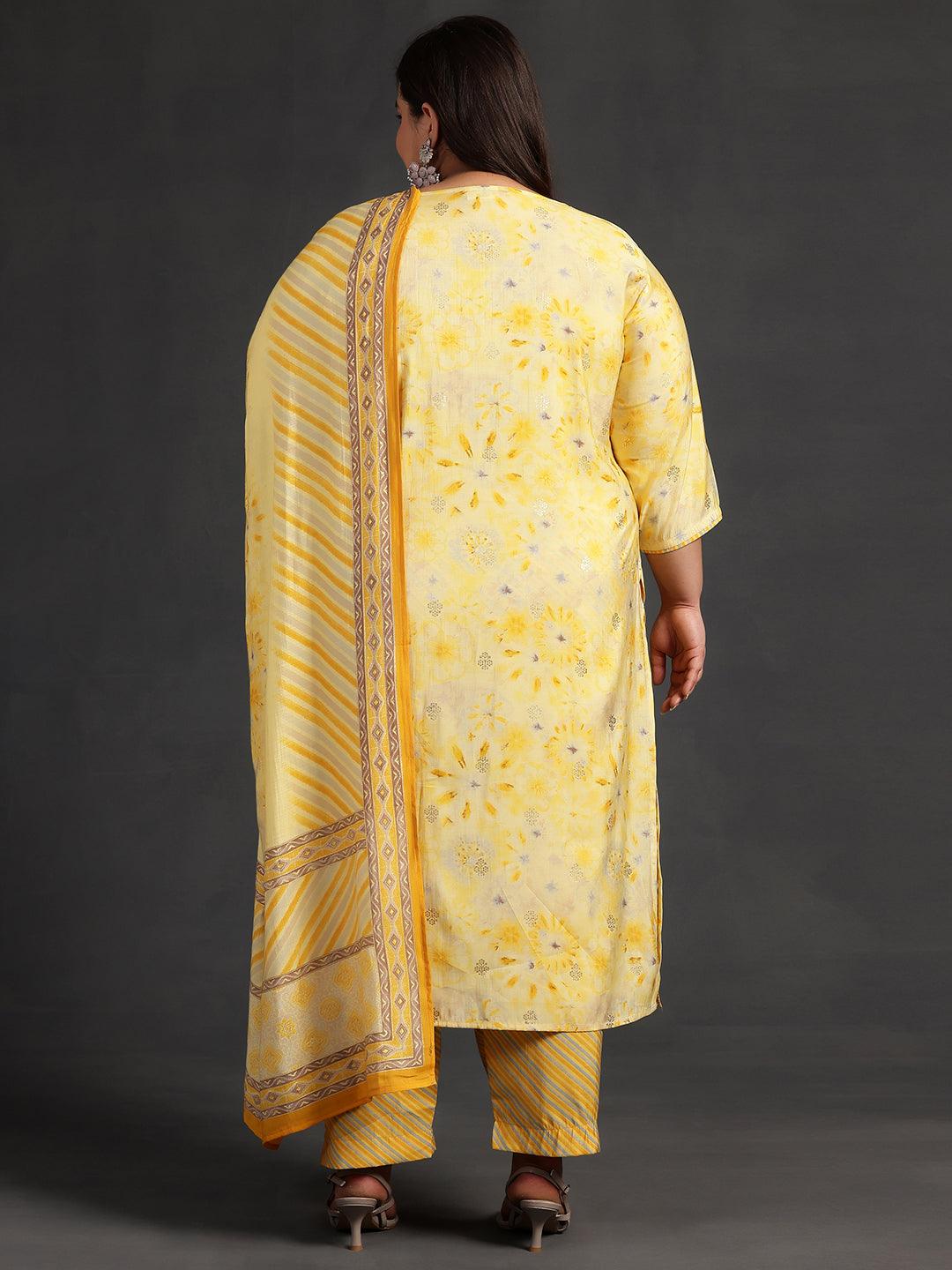 Plus Size Yellow Printed Silk Blend Straight Suit With Dupatta - Libas