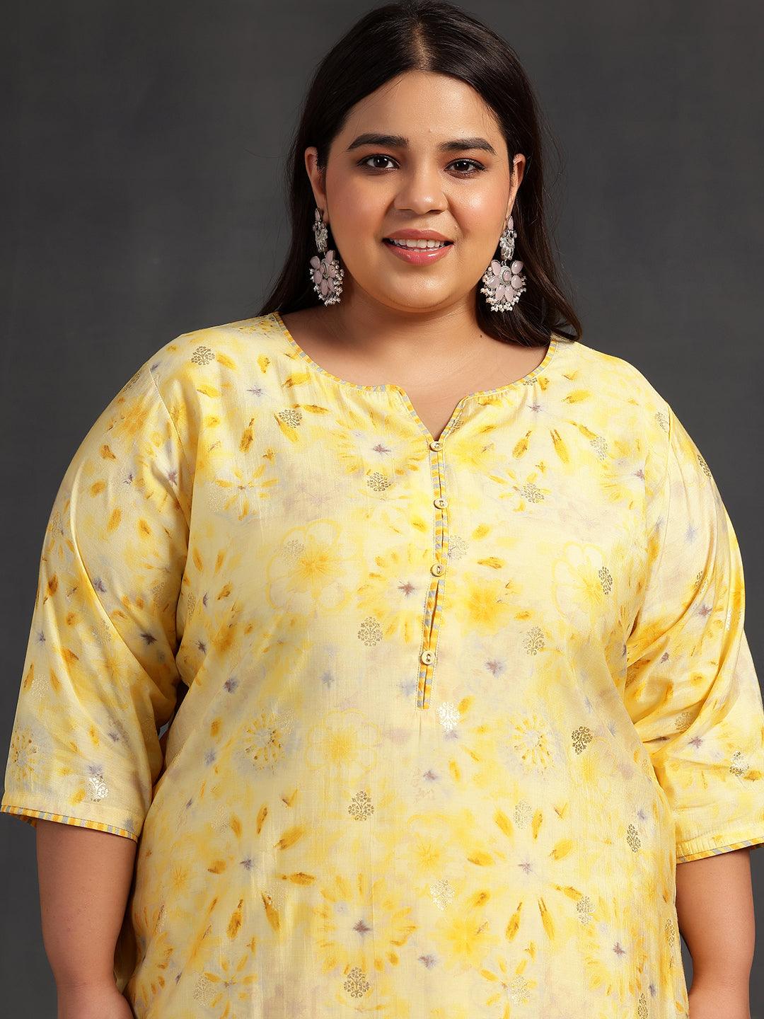 Plus Size Yellow Printed Silk Blend Straight Suit With Dupatta - Libas 