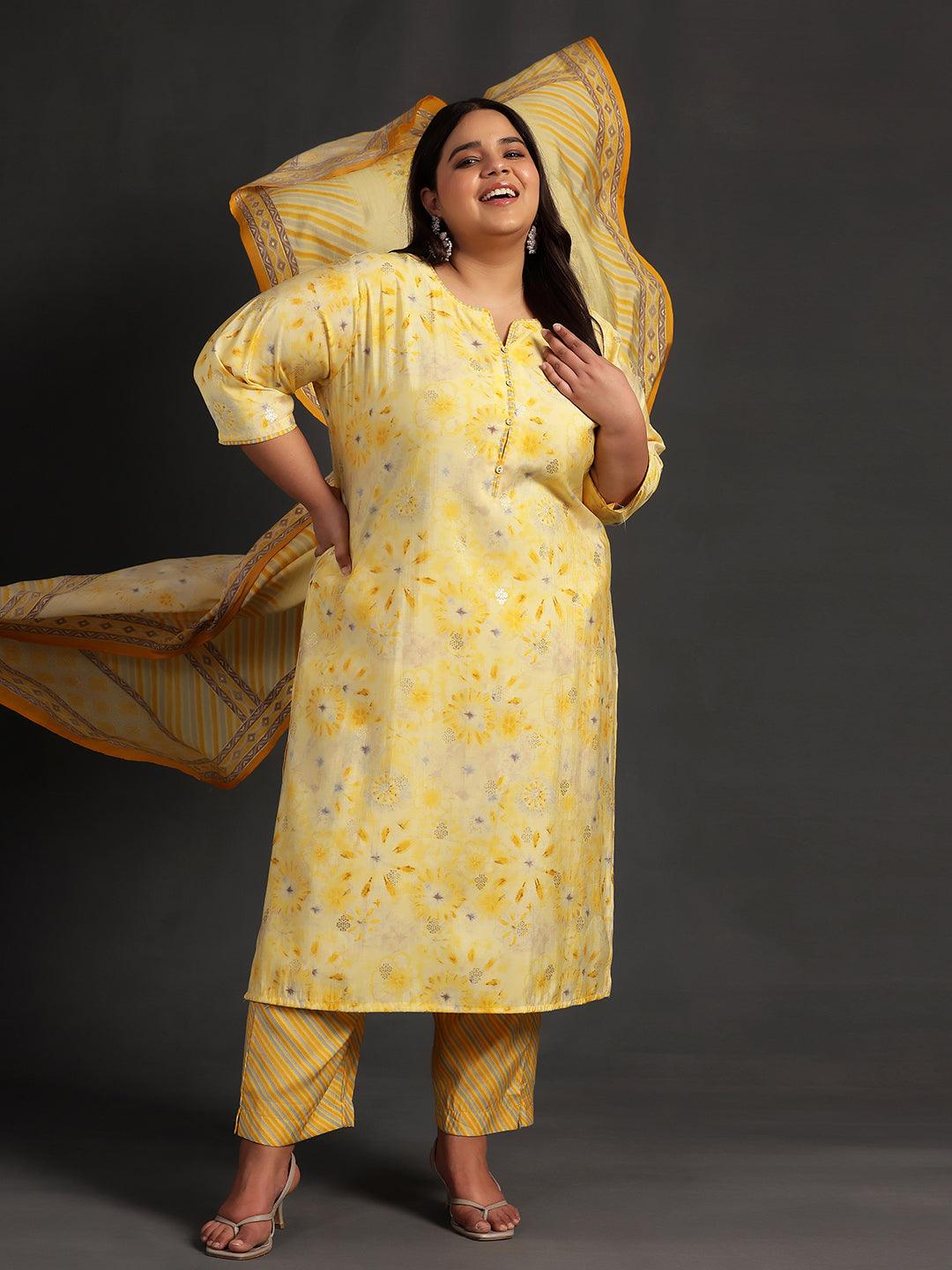 Plus Size Yellow Printed Silk Blend Straight Suit With Dupatta - Libas 