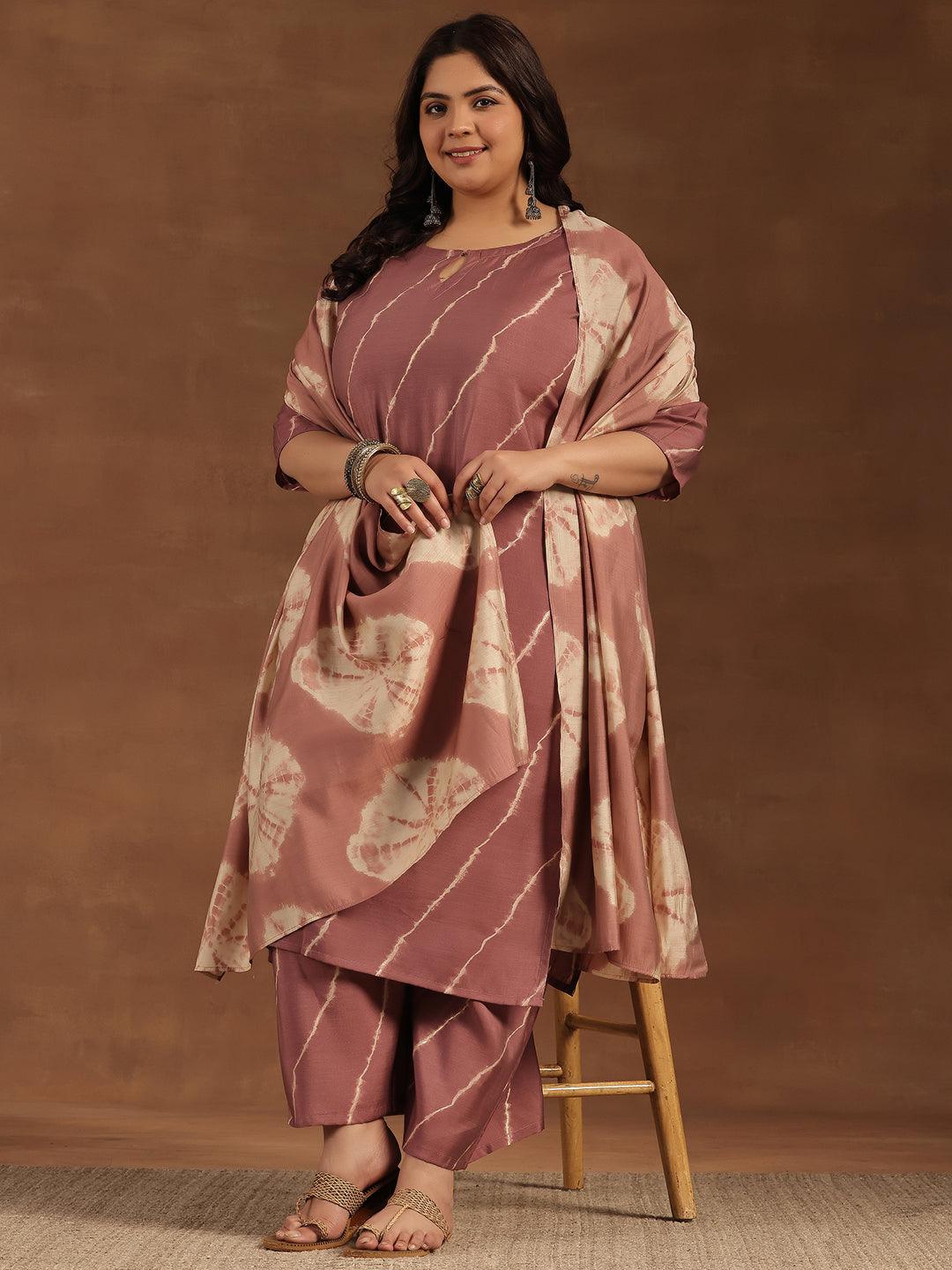 Plus Size Mauve Printed Silk Blend Straight Suit With Dupatta - Libas