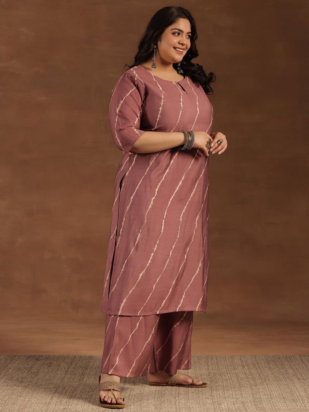 Plus Size Mauve Printed Silk Blend Straight Suit With Dupatta - Libas 