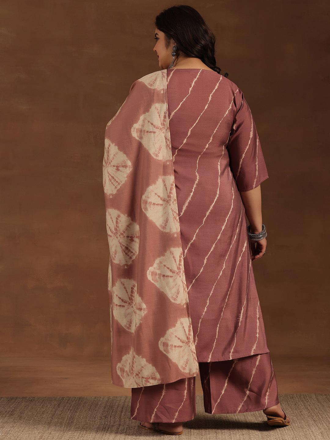 Plus Size Mauve Printed Silk Blend Straight Suit With Dupatta - Libas