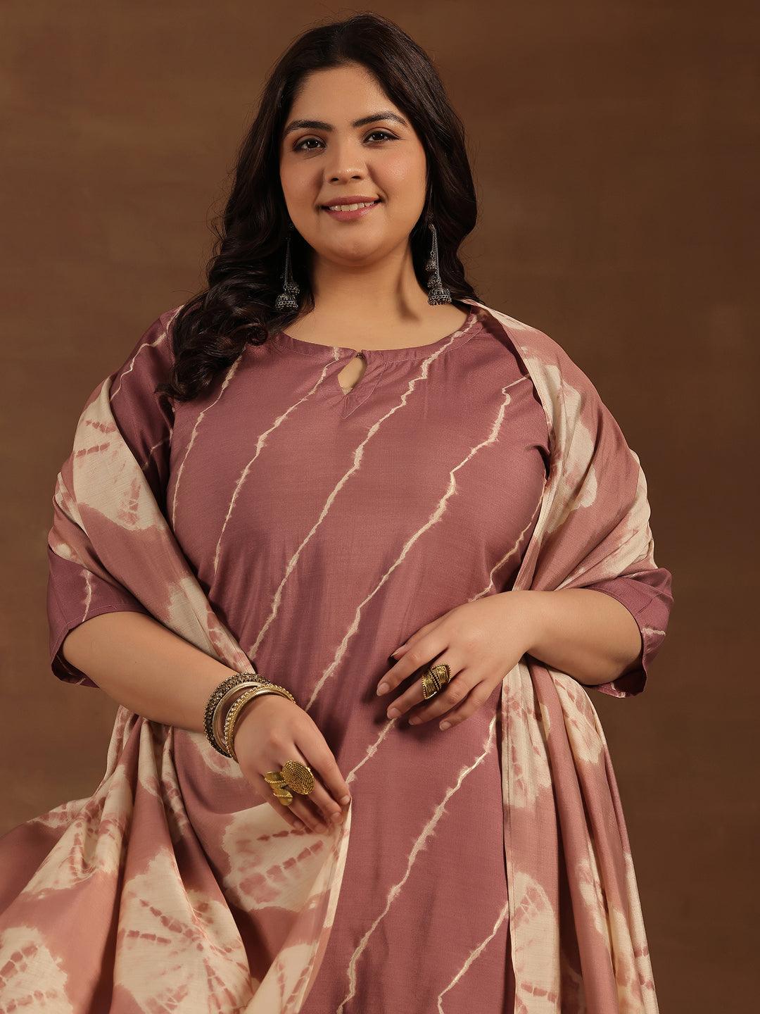 Plus Size Mauve Printed Silk Blend Straight Suit With Dupatta - Libas