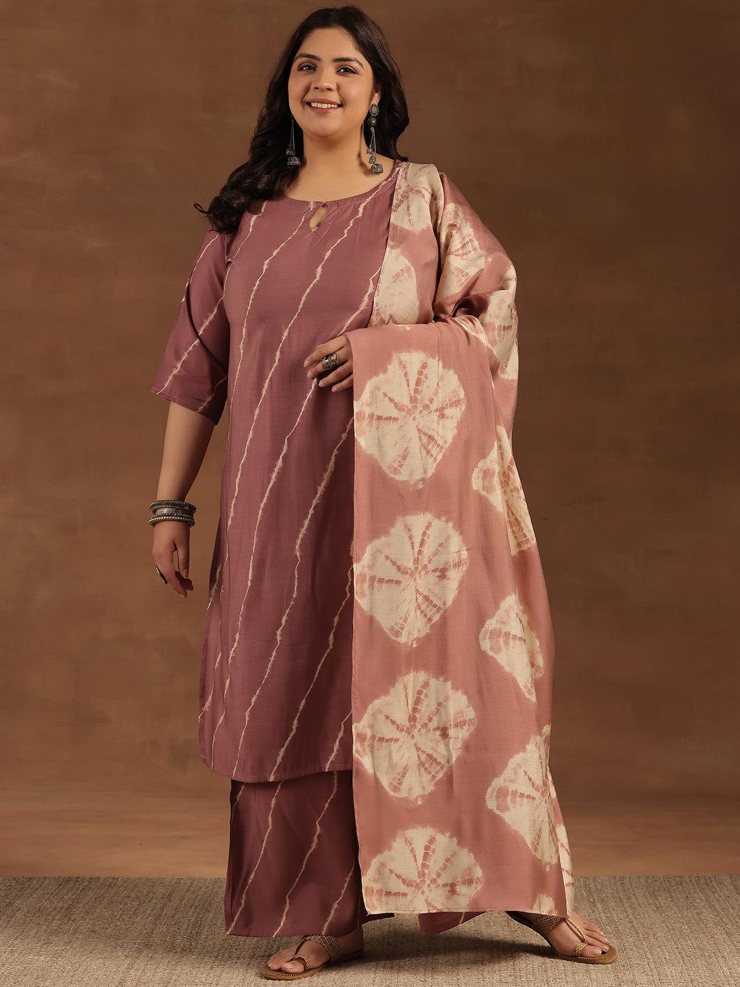 Plus Size Mauve Printed Silk Blend Straight Suit With Dupatta - Libas