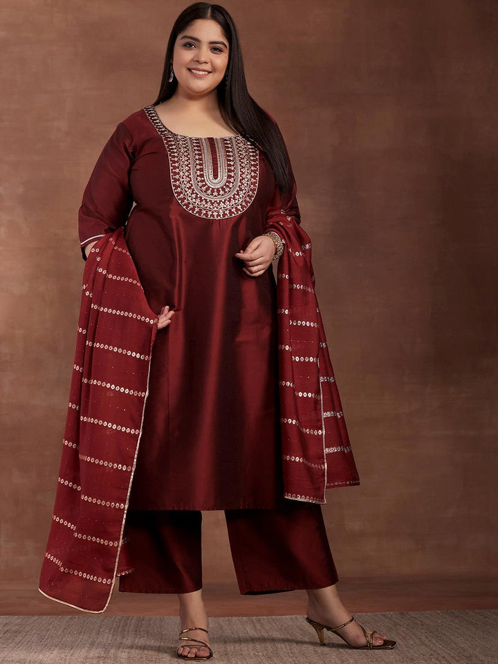 Plus Size Maroon Yoke Design Silk Blend Straight Suit With Dupatta - Libas