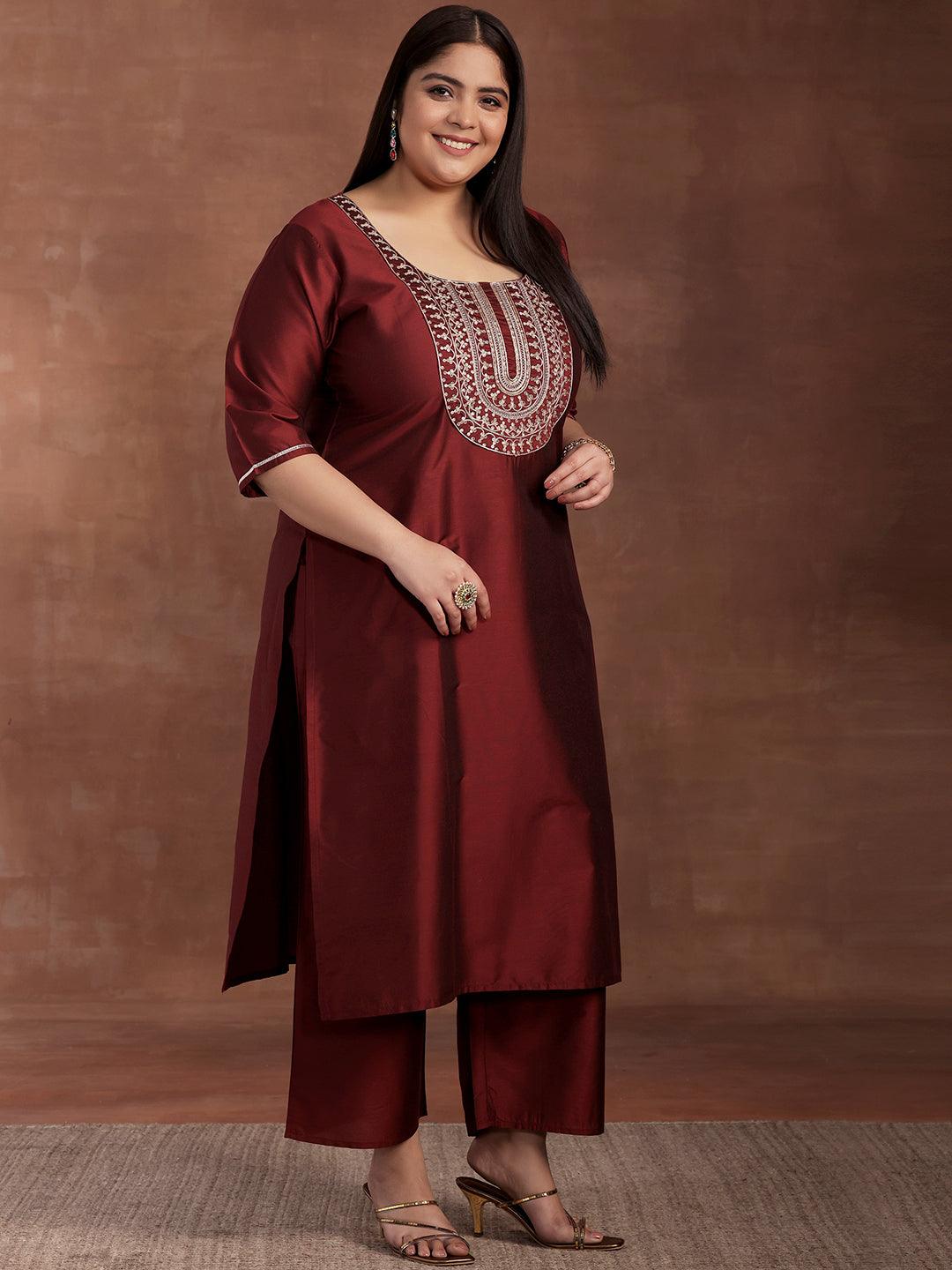 Plus Size Maroon Yoke Design Silk Blend Straight Suit With Dupatta - Libas