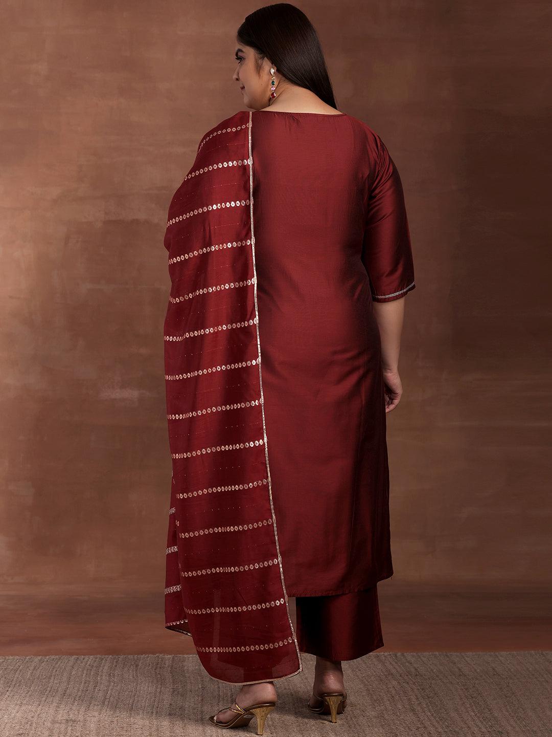 Plus Size Maroon Yoke Design Silk Blend Straight Suit With Dupatta - Libas