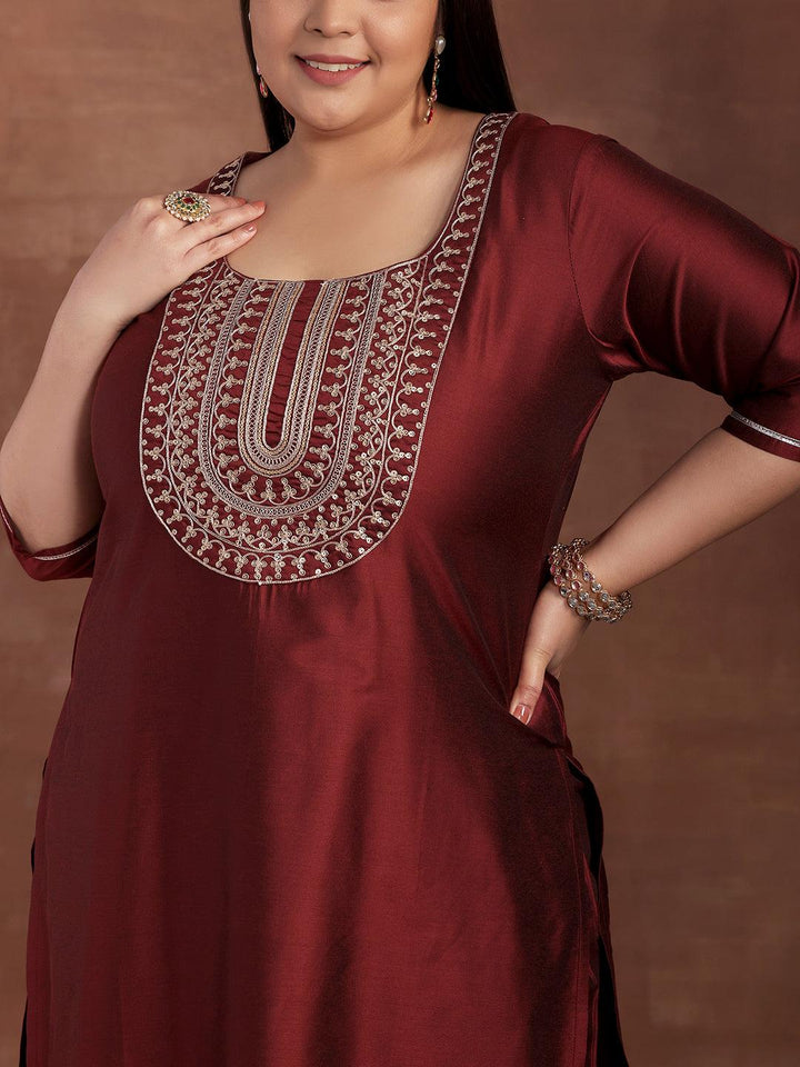 Plus Size Maroon Yoke Design Silk Blend Straight Suit With Dupatta - Libas