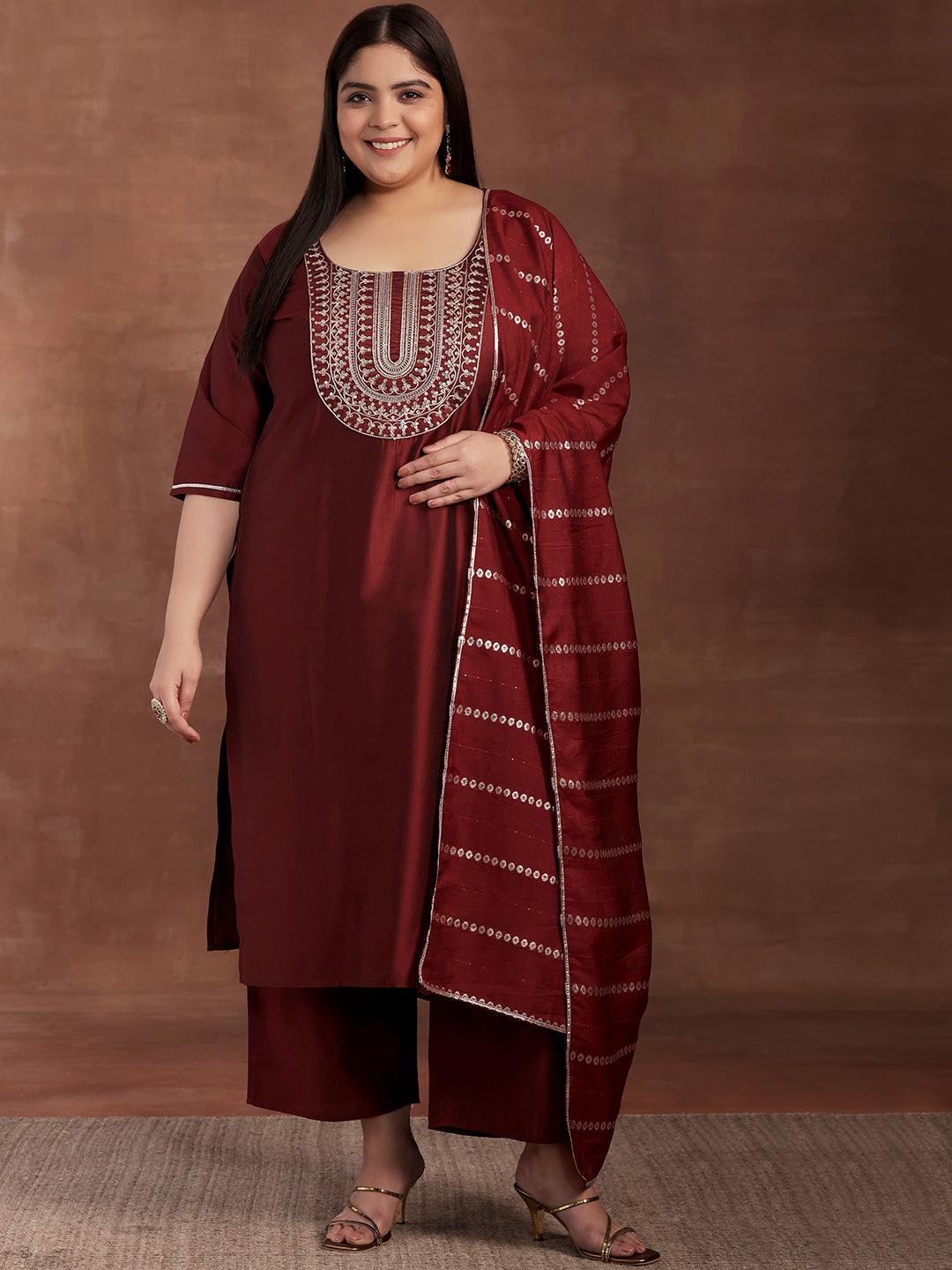 Plus Size Maroon Yoke Design Silk Blend Straight Suit With Dupatta - Libas