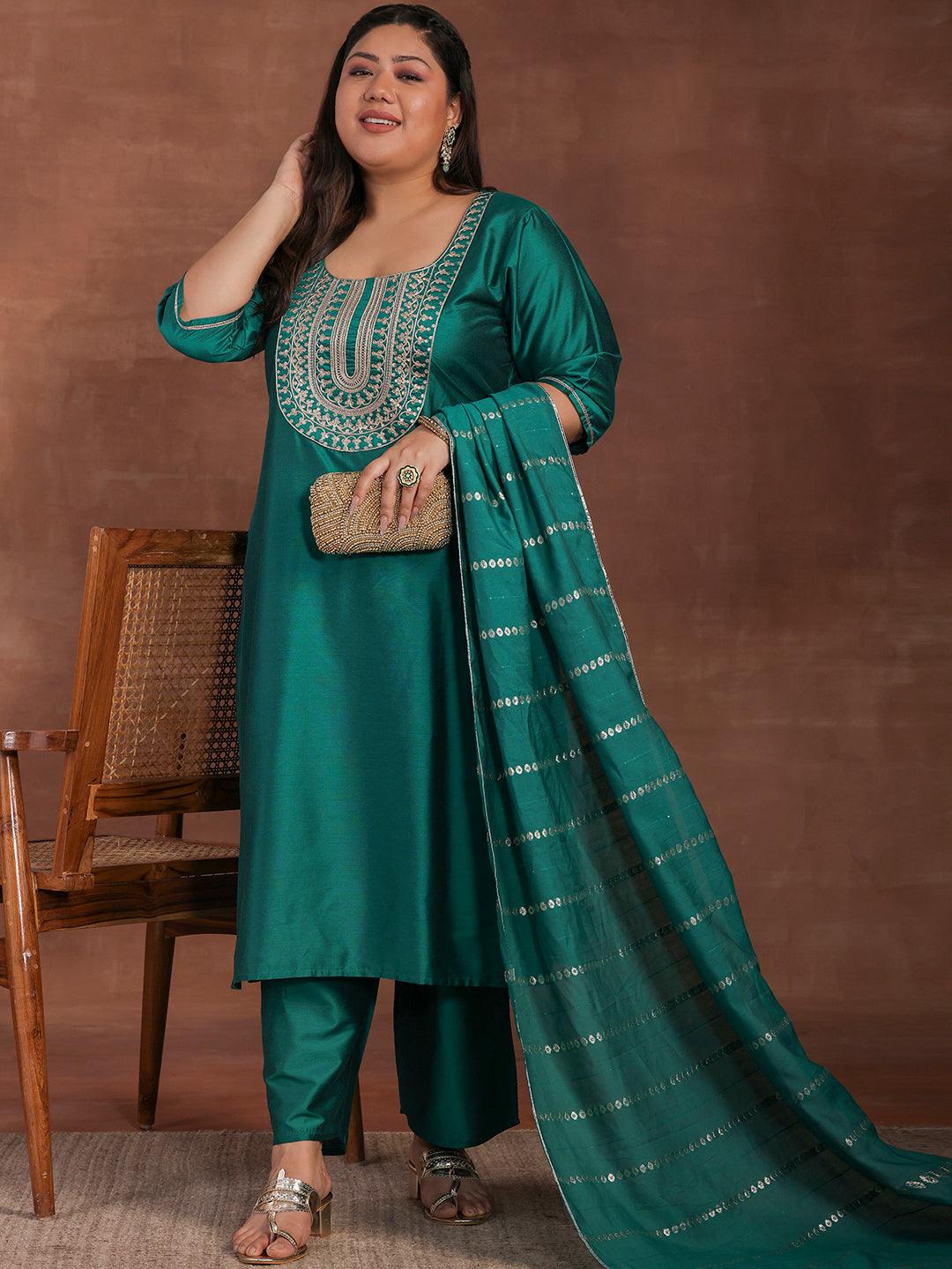 Plus Size Green Yoke Design Silk Blend Straight Suit With Dupatta - Libas