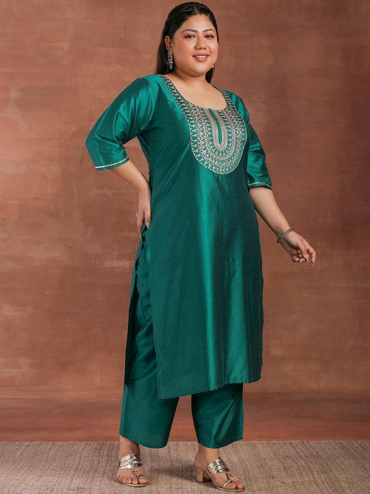 Plus Size Green Yoke Design Silk Blend Straight Suit With Dupatta - Libas