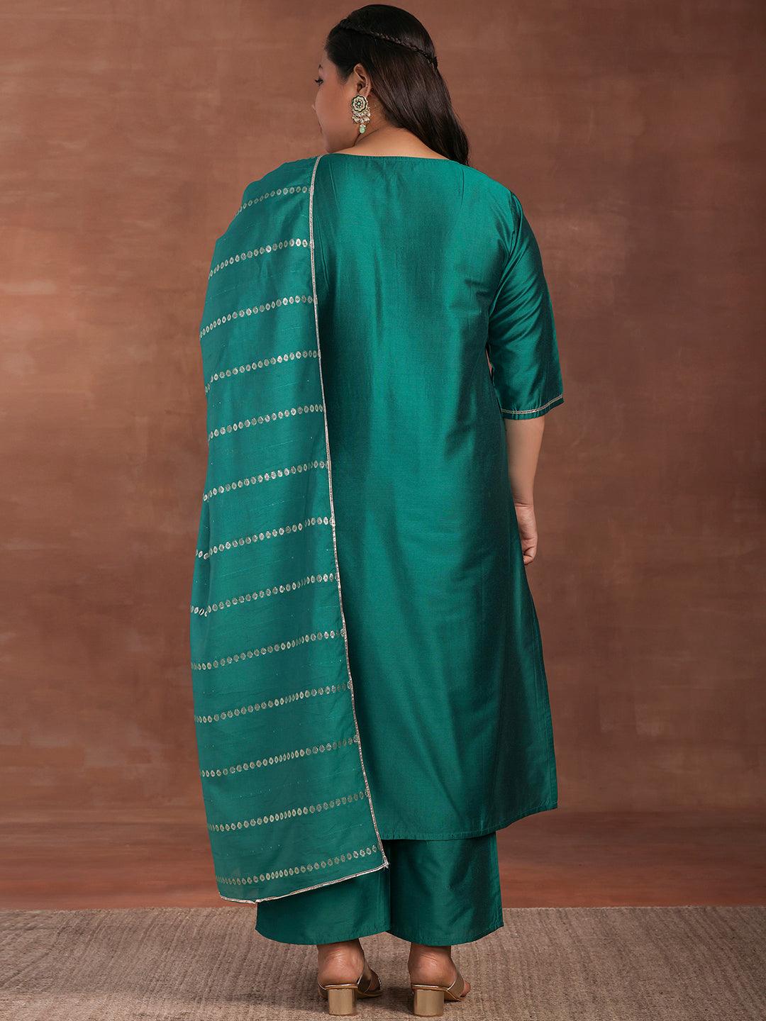 Plus Size Green Yoke Design Silk Blend Straight Suit With Dupatta - Libas