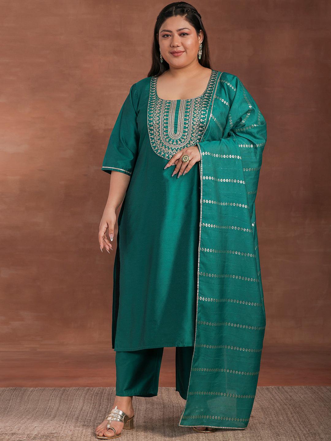 Plus Size Green Yoke Design Silk Blend Straight Suit With Dupatta - Libas