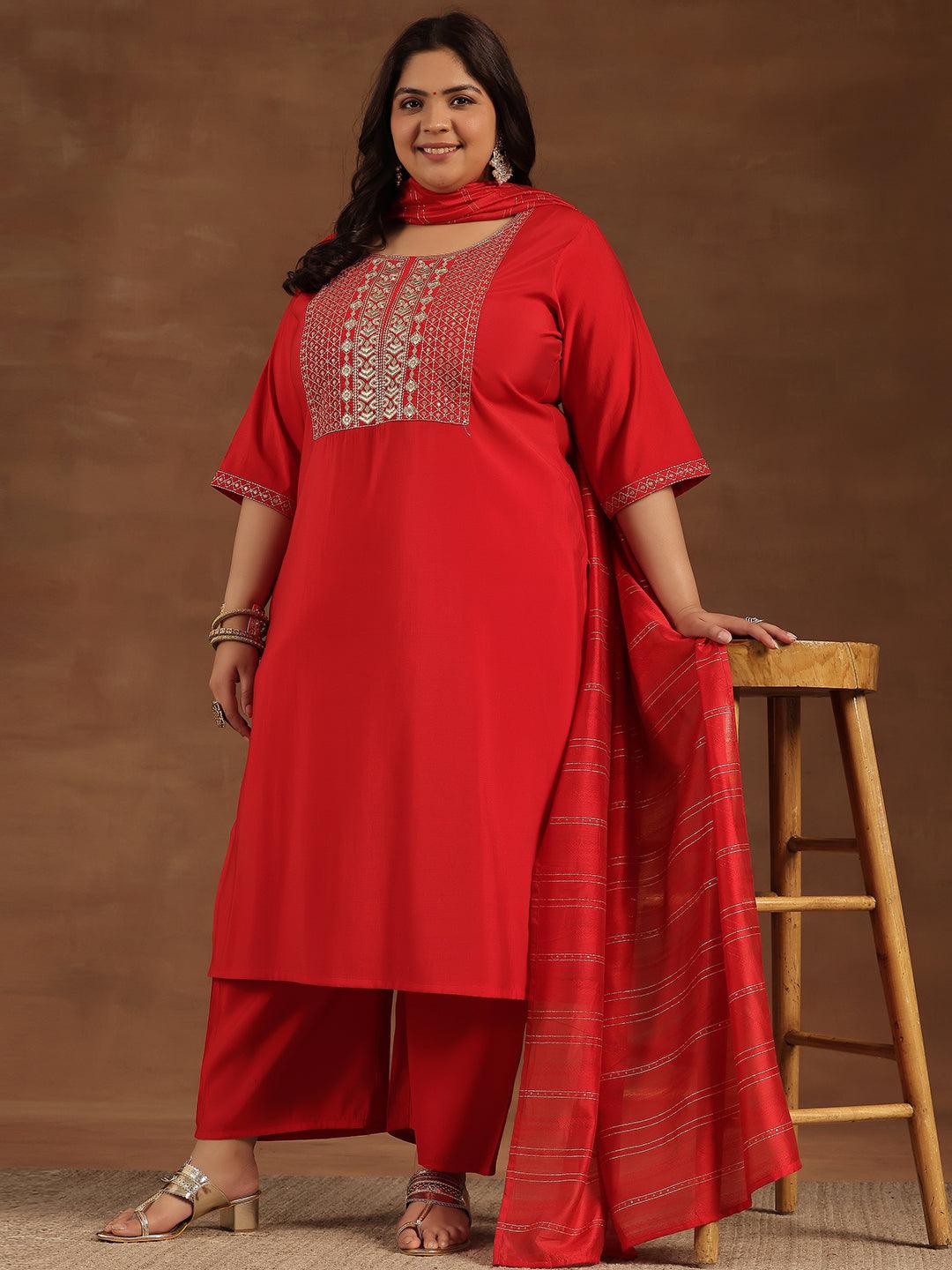 Plus Size Red Yoke Design Silk Blend Straight Suit With Dupatta - Libas