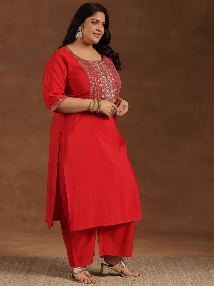 Plus Size Red Yoke Design Silk Blend Straight Suit With Dupatta - Libas