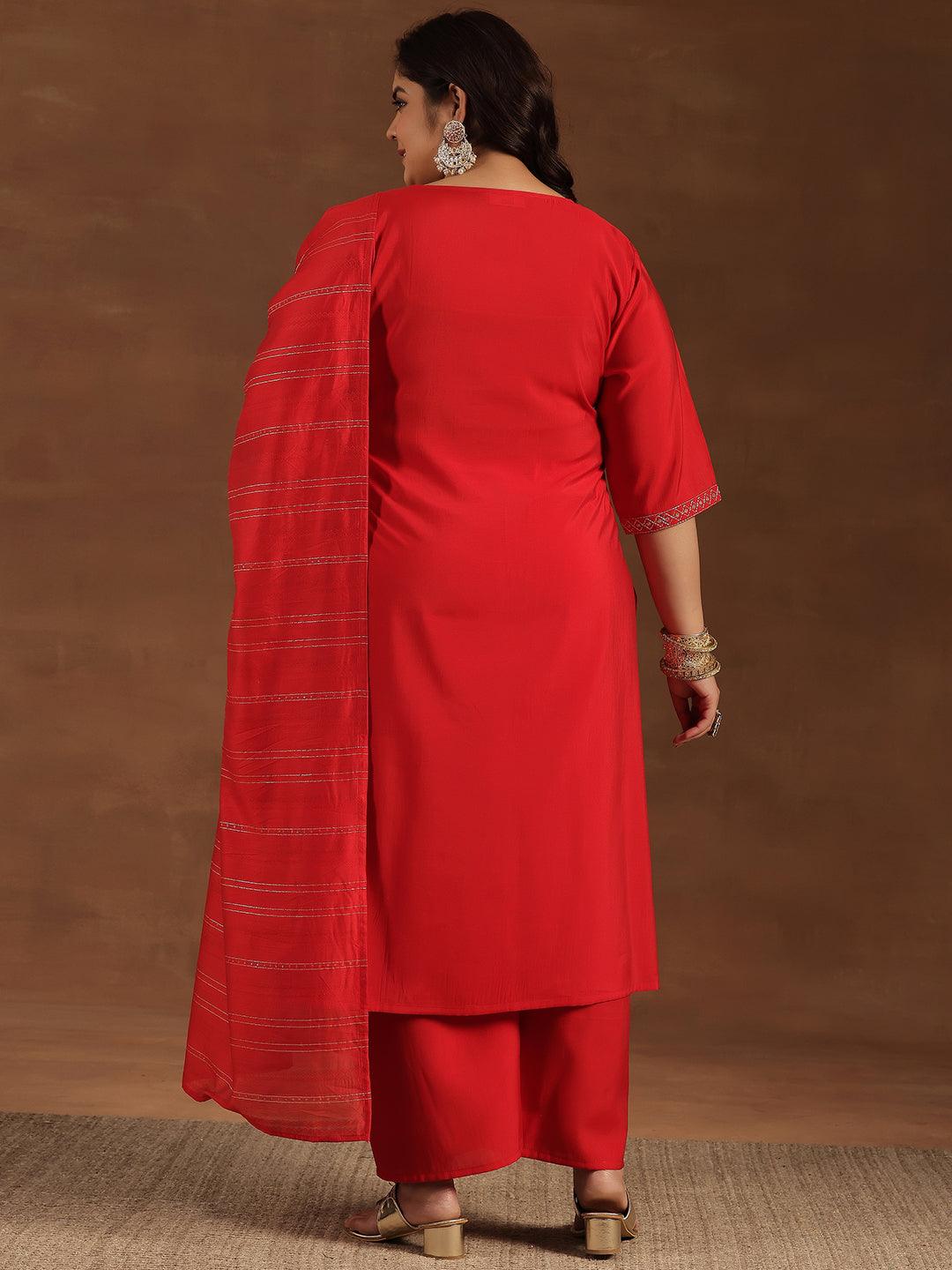 Plus Size Red Yoke Design Silk Blend Straight Suit With Dupatta - Libas