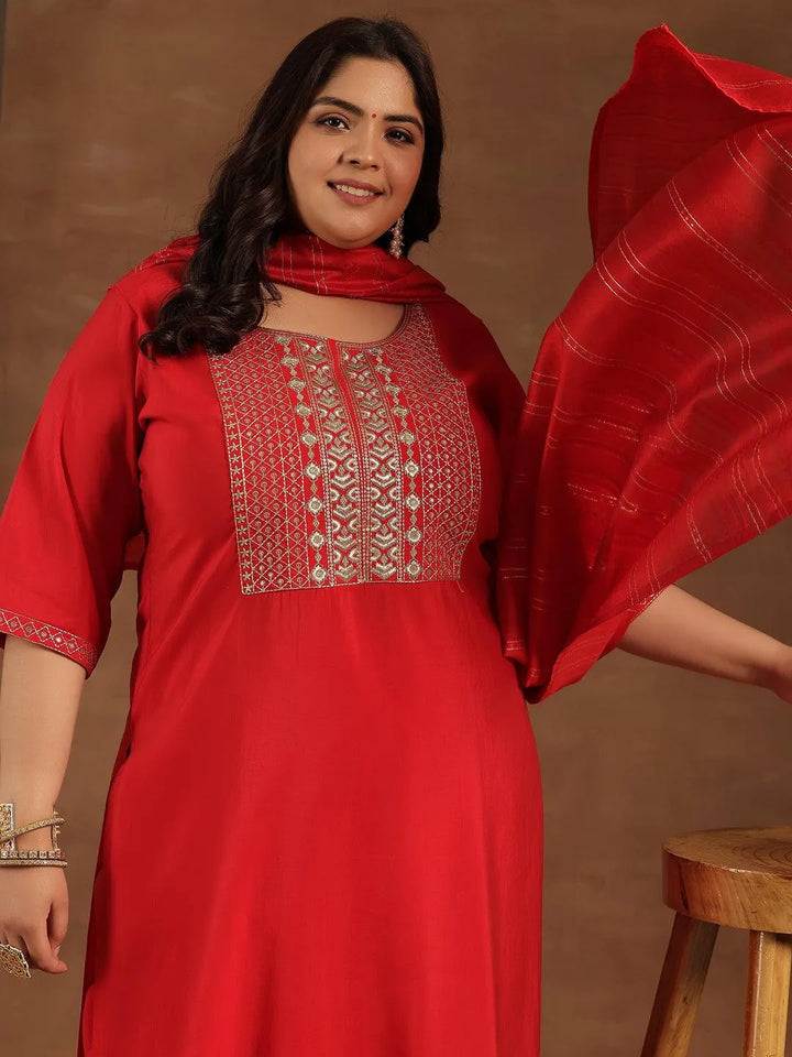 Plus Size Red Yoke Design Silk Blend Straight Suit With Dupatta - Libas