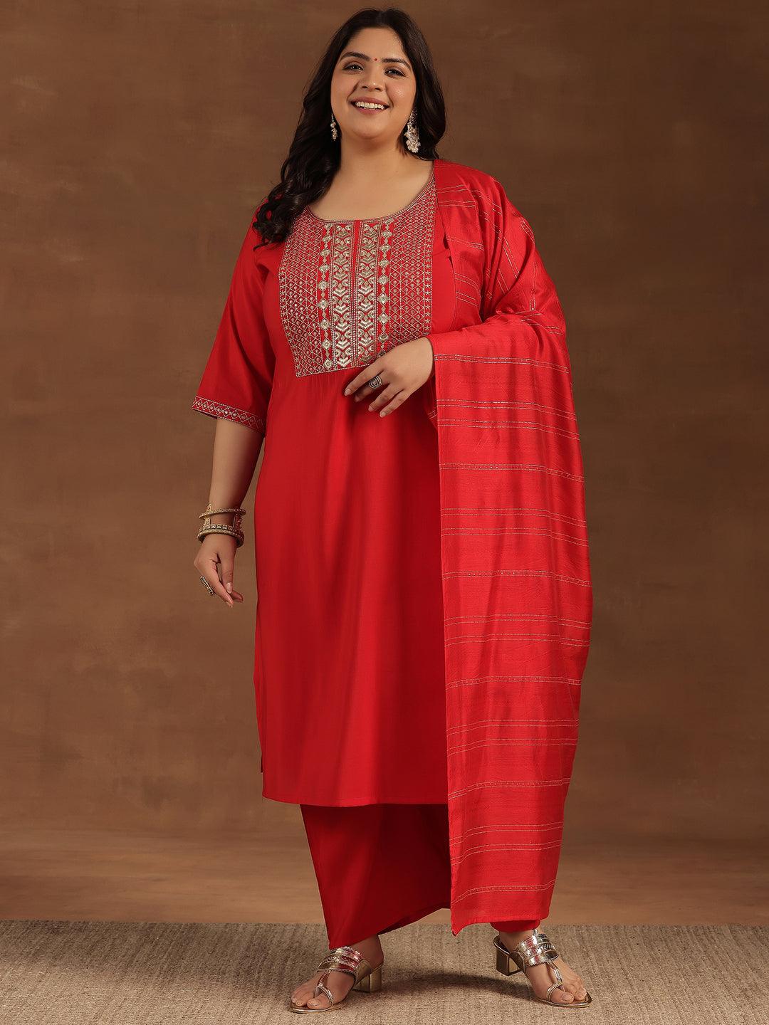 Plus Size Red Yoke Design Silk Blend Straight Suit With Dupatta - Libas