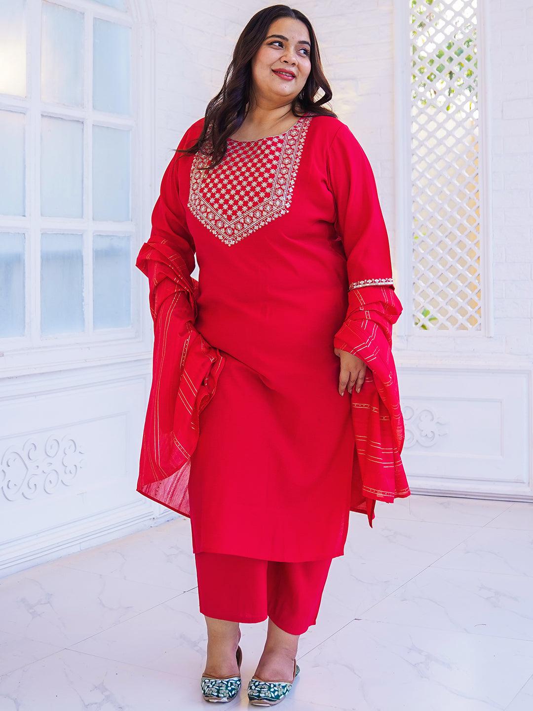 Plus Size Pink Yoke Design Silk Blend Straight Suit With Dupatta - Libas