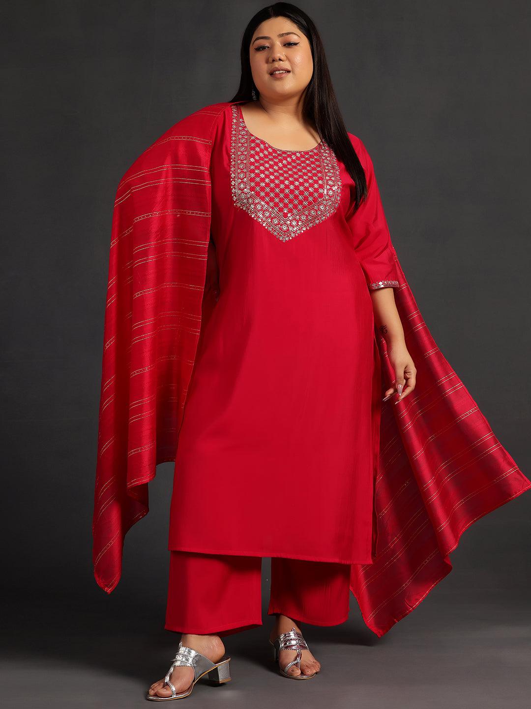 Plus Size Pink Yoke Design Silk Blend Straight Suit With Dupatta - Libas