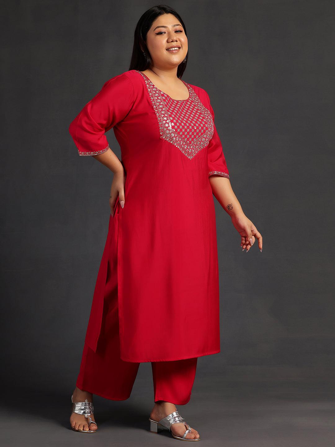 Plus Size Pink Yoke Design Silk Blend Straight Suit With Dupatta - Libas