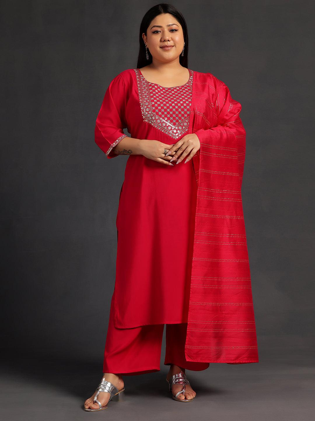 Plus Size Pink Yoke Design Silk Blend Straight Suit With Dupatta - Libas 