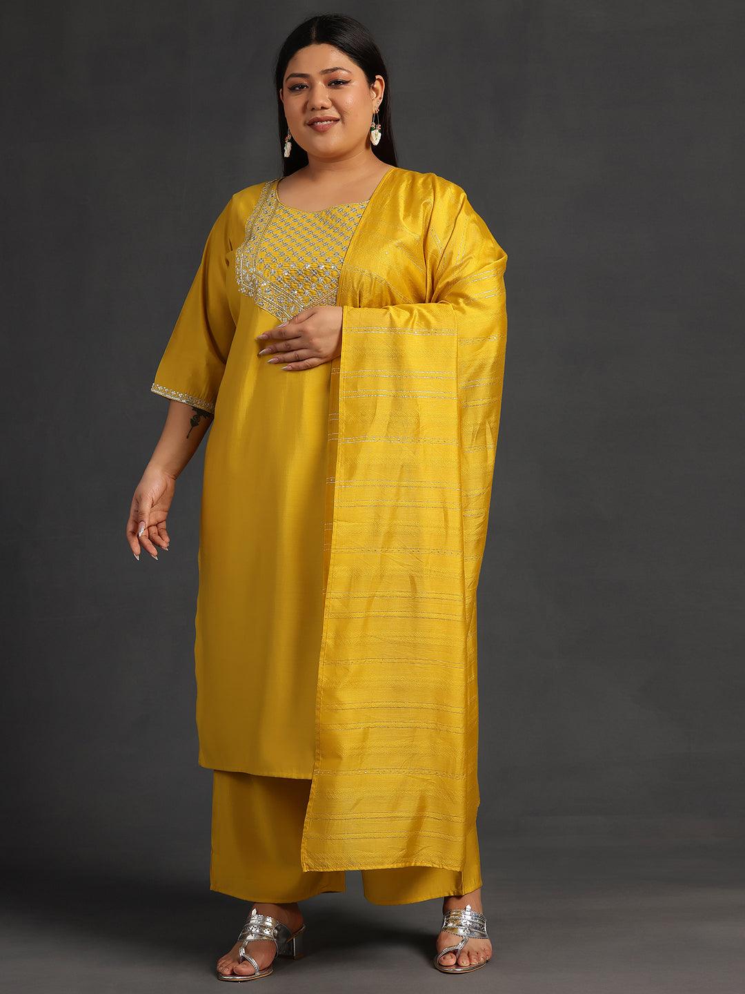 Plus Size Mustard Yoke Design Silk Blend Straight Suit With Dupatta - Libas