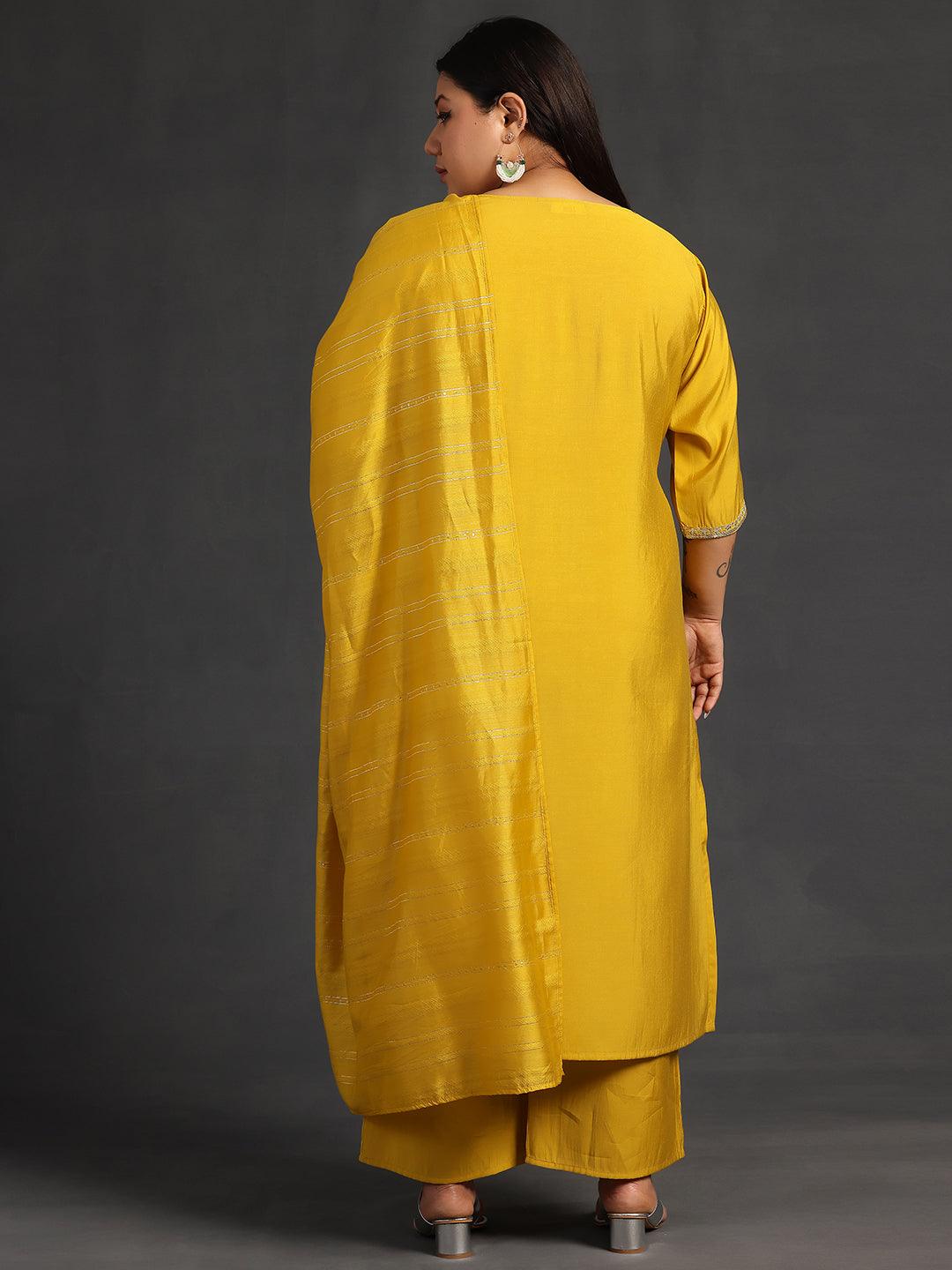 Plus Size Mustard Yoke Design Silk Blend Straight Suit With Dupatta - Libas