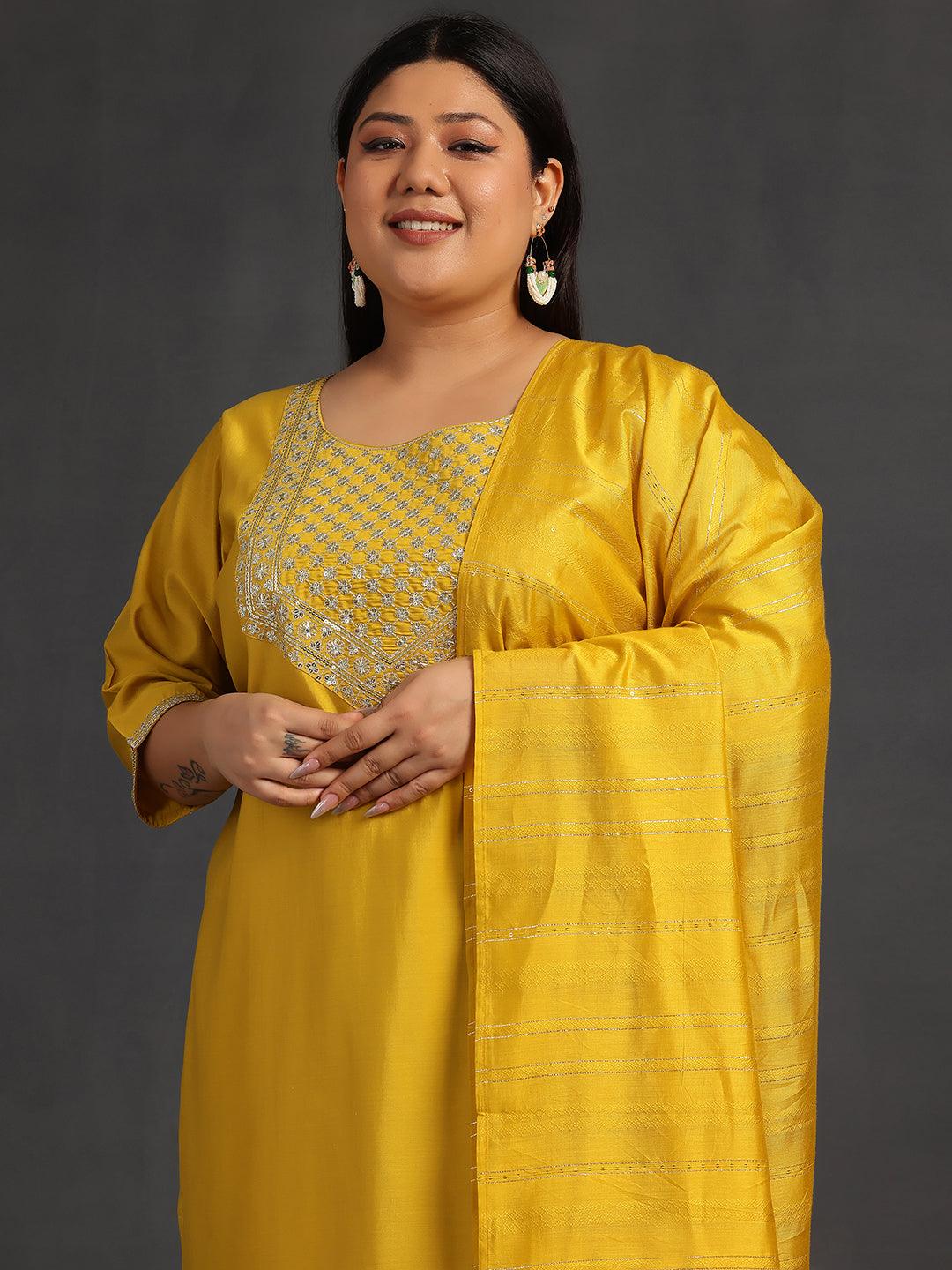 Plus Size Mustard Yoke Design Silk Blend Straight Suit With Dupatta - Libas