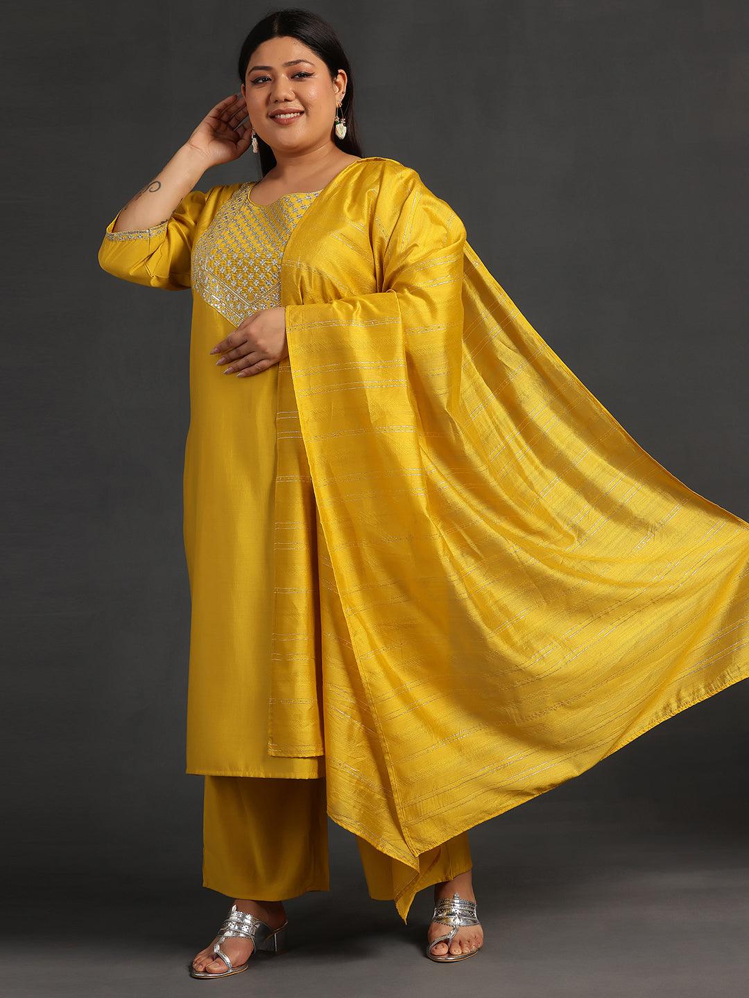 Plus Size Mustard Yoke Design Silk Blend Straight Suit With Dupatta - Libas